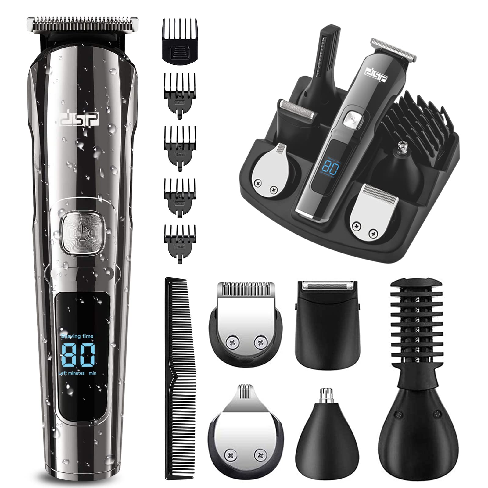 تراش موهای صورت DSP برای مردان، تریمر برقی و مجموعه ابزار حلاقت و مرتب سازی موهای عانه، تریمر موهای سبز، تریمر بینی کیت‌های قابل شارژ USB ضدآب IPX7 مشکی