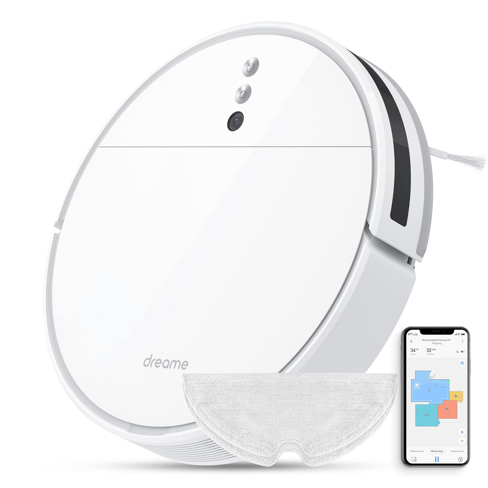 Dreametech F9 - ربات WiFi فوق العاده با قدرت مکش قوی 2500 پاسکال، شارژ خودکار، نقشه‌برداری هوشمند، کنترل از طریق اپلیکیشن، کف‌های سخت، فرش‌ها