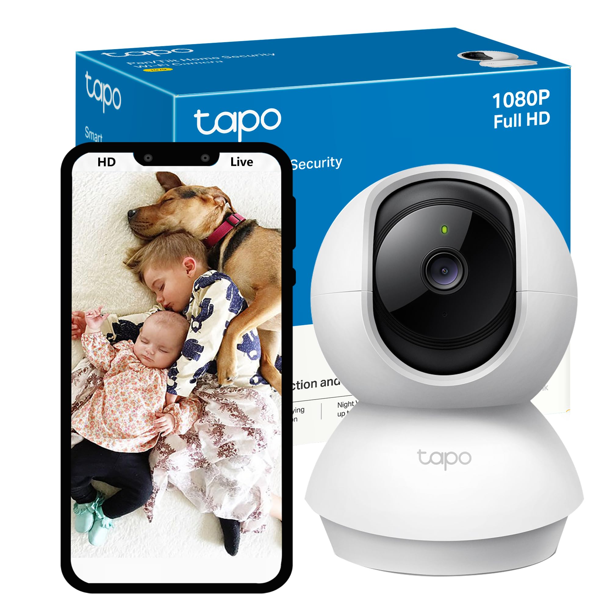 دوربین امنیتی هوشمند TP-Link Tapo Pan/Tilt، داخلی، بازدارنده، منظره‌های 360 درجه ای، سازگار با الکسا و گوگل هوم، نیازی به هاب ندارد، با کیفیت 1080 پیکسل، صدای دوطرفه، دید در شب، ذخیره‌سازی SD، اشتراک گذاری دستگاه (TC70) 2 مگاپیکسل-TC70