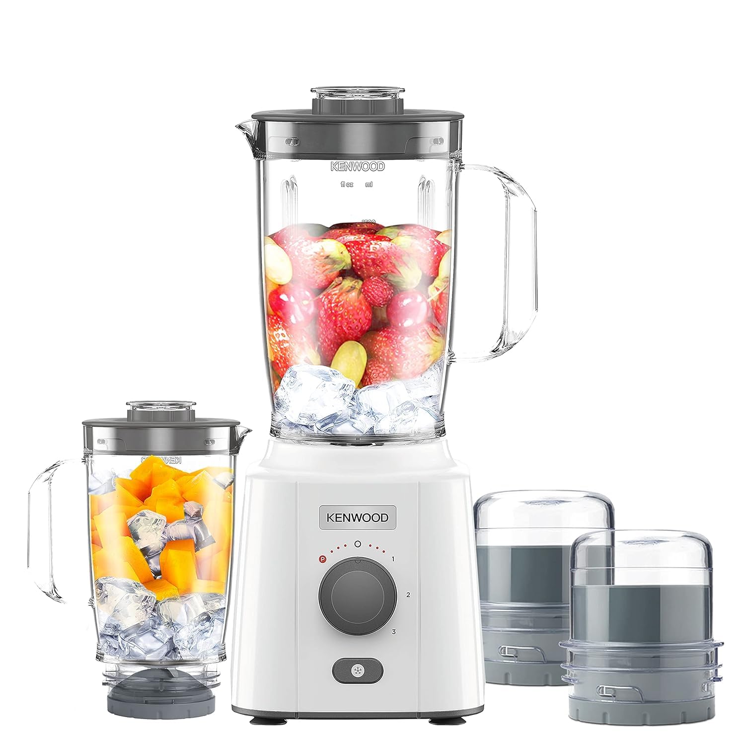 مخلوط‌کن 650 واتی Kenwood با قابلیت ساخت اسموتی/آسیاب اسموتی Blend-X Fresh 1.5 لیتری با فنجان آسیاب اضافی، فنجان تراشی، فنجان رنده و قابلیت خرد کردن یخ مدل BLP41.H0Wh سفید جدید همراه با 2 فنجان و 2 آسیاب