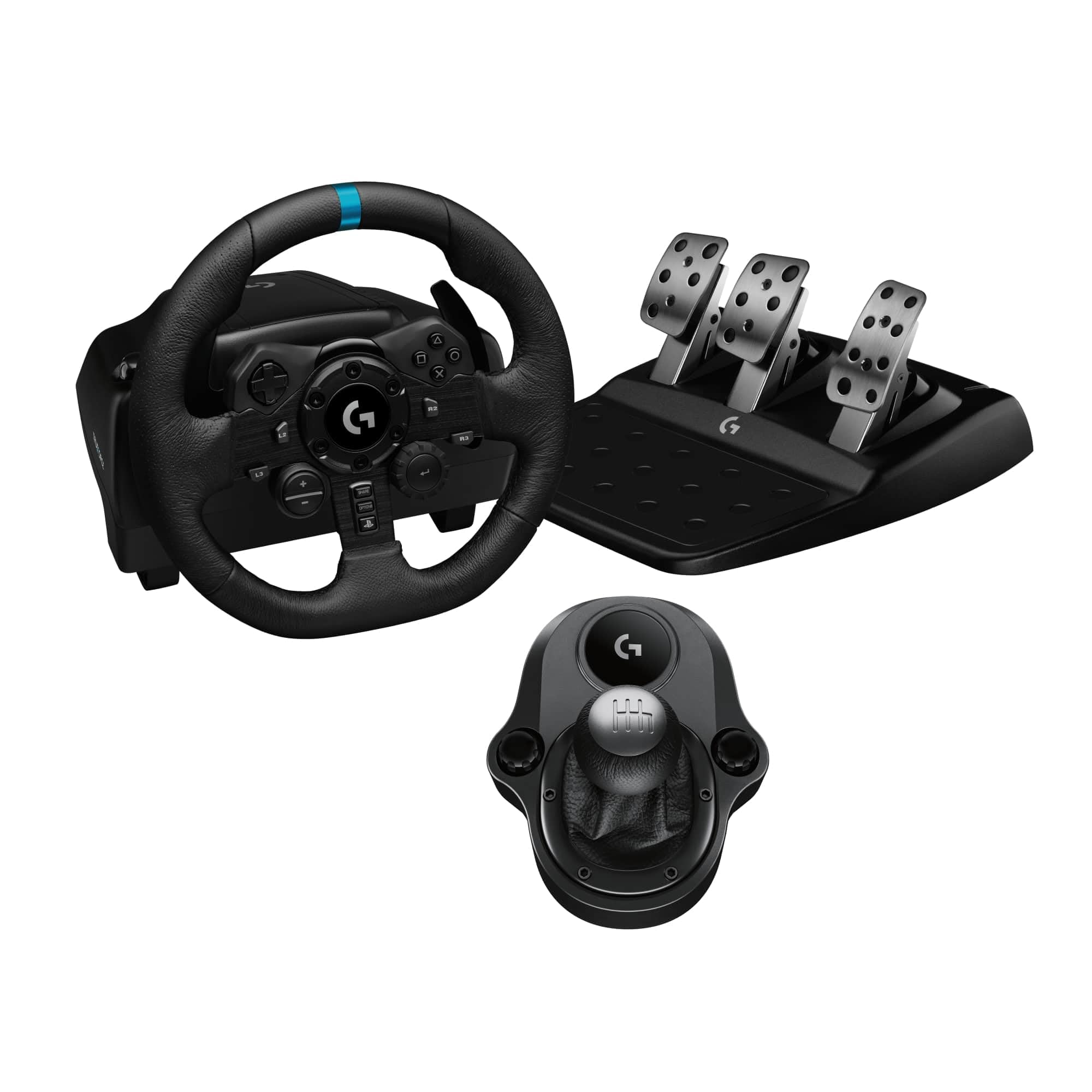 چرخ مسابقه‌ای و پدال Logitech G923 برای پلی‌استیشن ۴ و پلی‌استیشن ۵ - نسخه اماراتی و شیفتر مسابقه‌ای Driving Force Racing برای G923، مدل سیاه G923 (پلی‌استیشن | کامپیوتر) + شیفتر