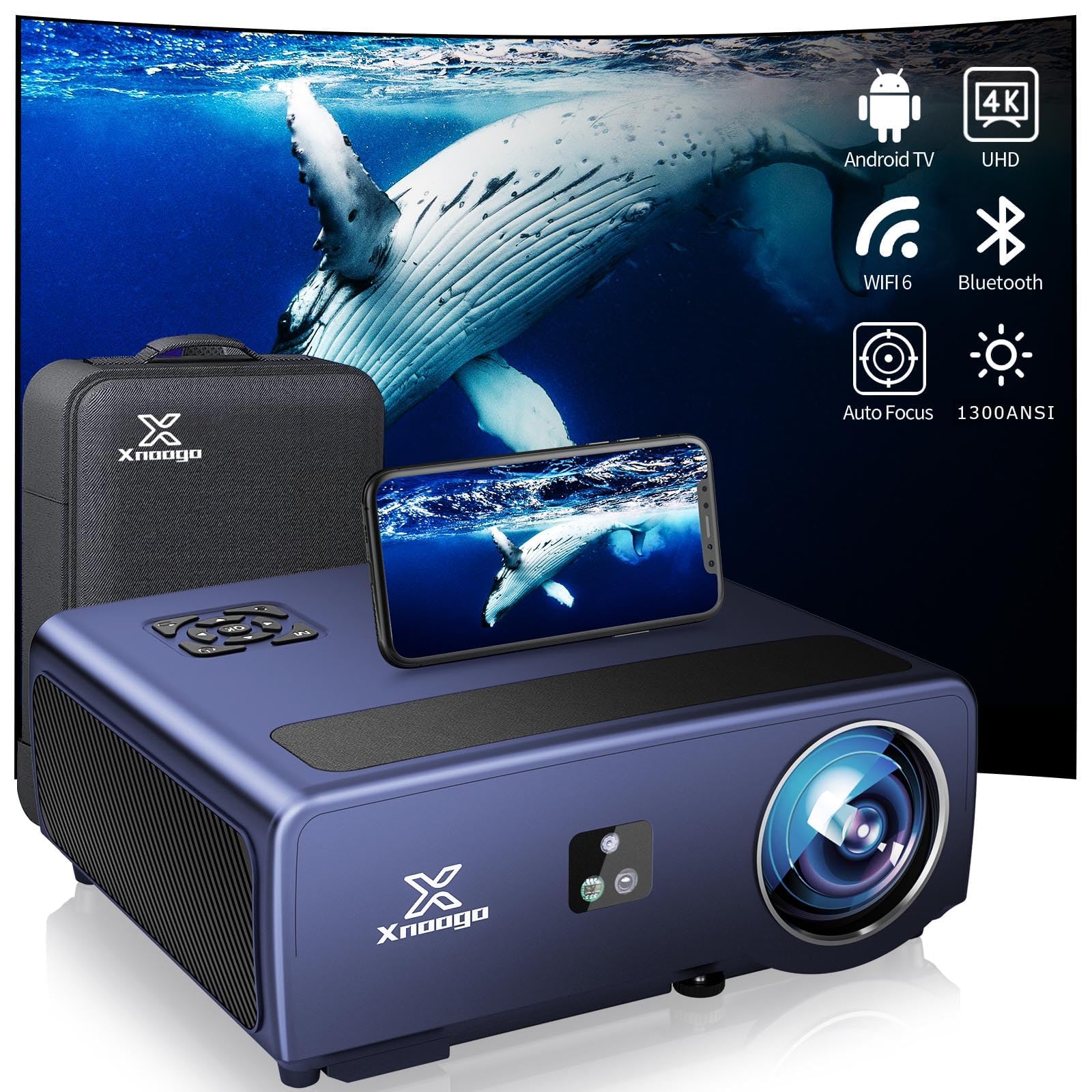 پروژکتور هوشمند فیلم 4K، XNoogo 1300ANSI پروژکتور خارجی 4K با WiFi6 و بلوتوث، خودکار 6D کی‌استون، 50% زوم، PPT، ARC، پروژکتورها برای TV Stick/Phone/Laptop