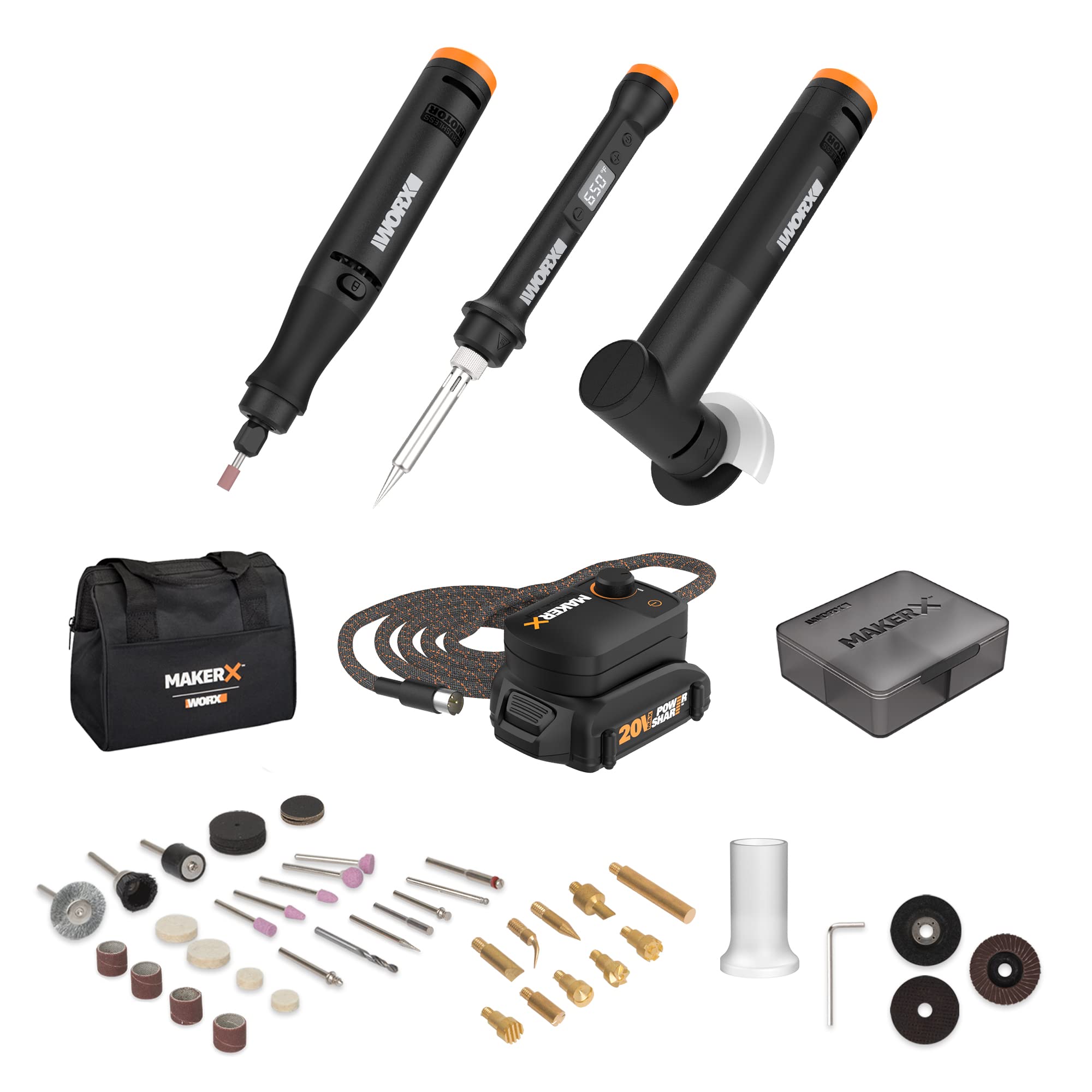 جایگزین شرکت Worx WX991L 20 ولت کیت کمبو MAKERX - ابزار چرخ چرخ دوار + دیسک برش زاویه + ابزار ساخت چوب / فلز MAKERX (3) کیت ابزار ساخت (PC)