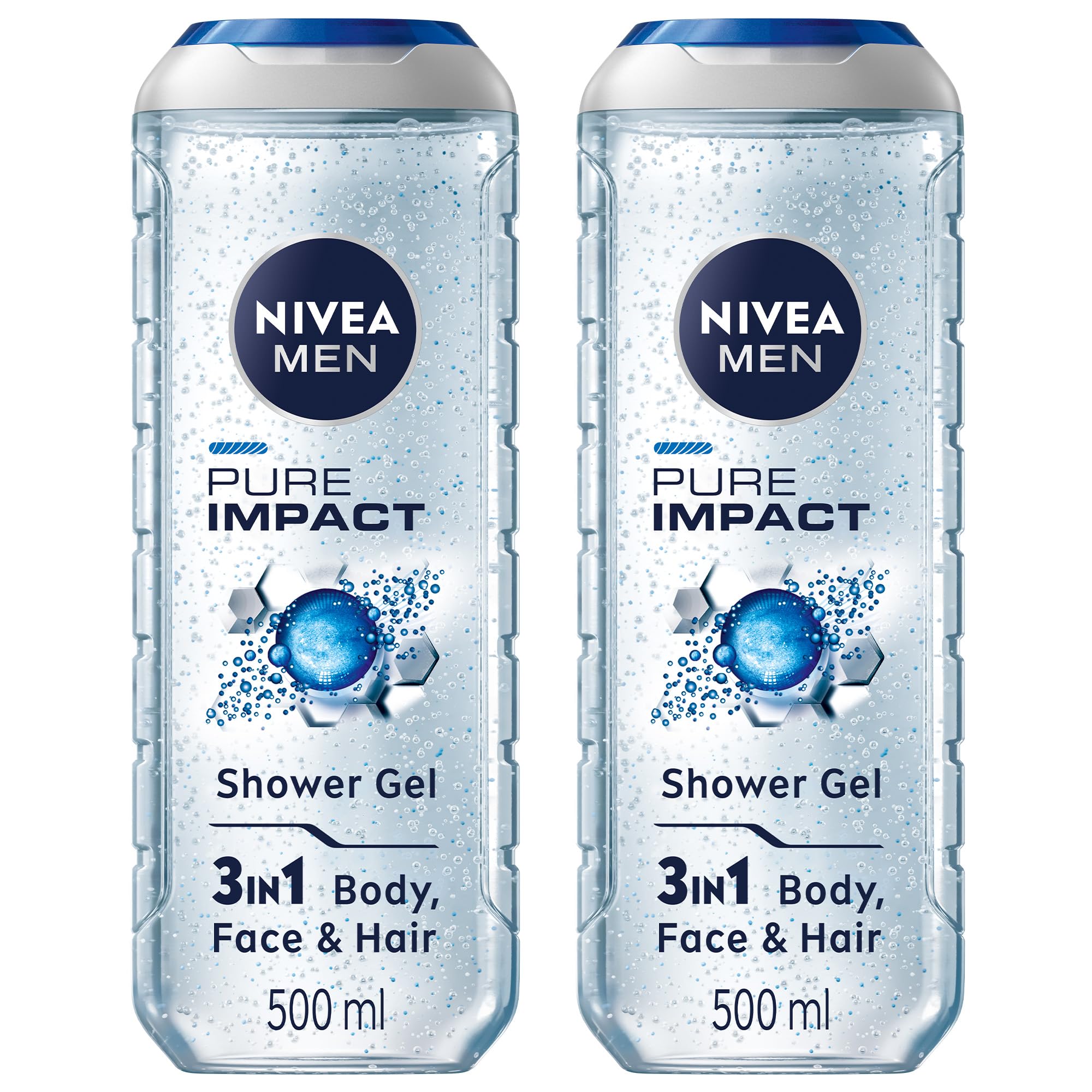 ژل شوینده 3 در 1 NIVEA MEN Pure Impact، برای تمیز کردن بدن، صورت و مو، با ذرات تصفیه‌کننده، تمیز کننده عمیق برای احساس تازگی، مناسب برای تمام انواع پوست، 2x500 میلی‌لیتر، بسته‌بندی 2 عدد