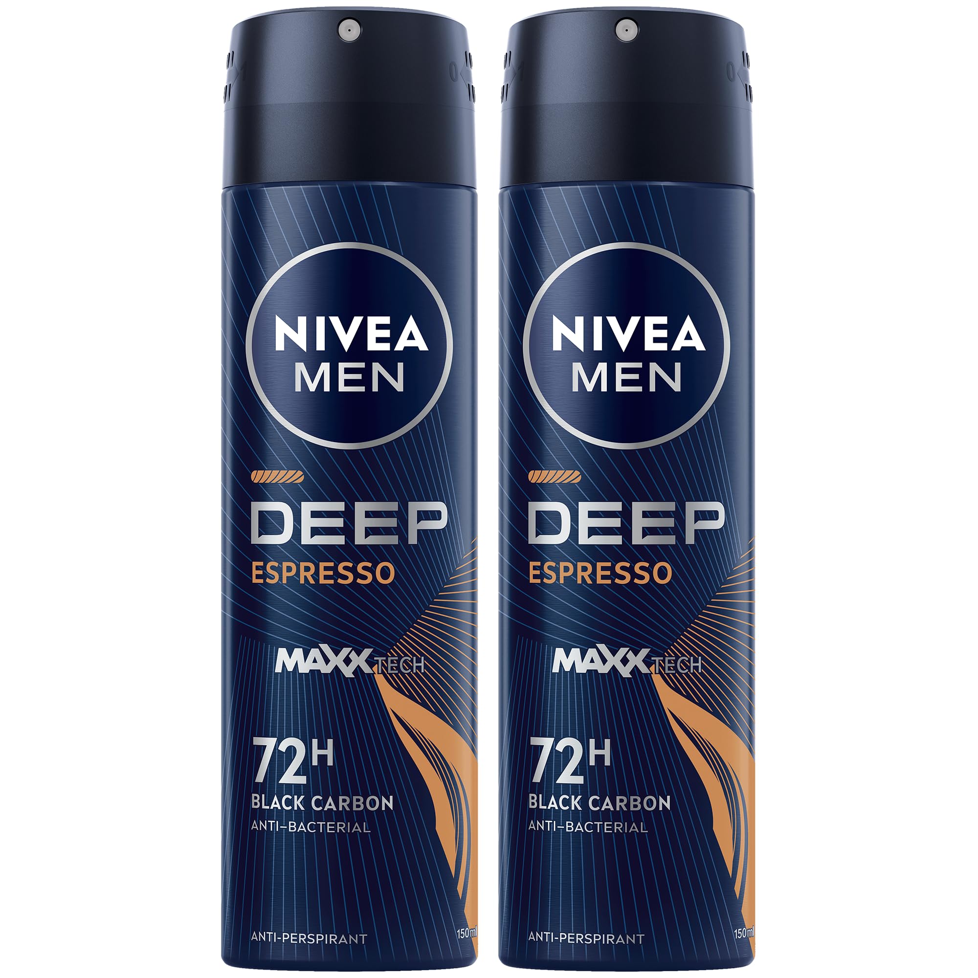 اسپری ضد تعریق مردانه NIVEA MEN برای مردان، حفاظت 72 ساعته، ضد باکتری و ضد عفونی کربن سیاه عمیق، بوی اسپرسو، 2x150 میلی لیتر 2 x 150 میلی لیتر تک‌جرعه