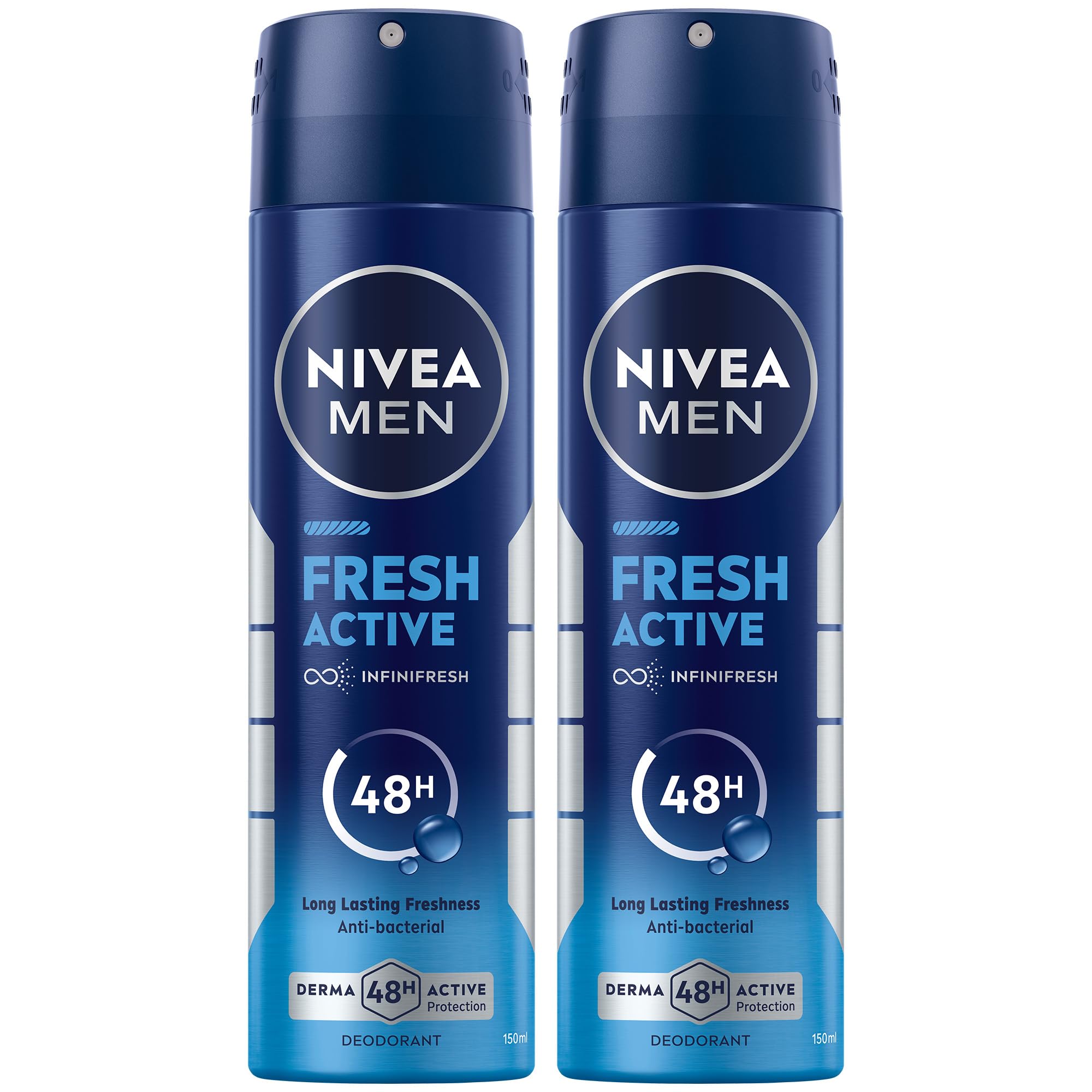 اسپری ضدعفونی کننده NIVEA MEN برای مردان، تازه و فعال، حفاظت فعال ۴۸ ساعته، با فرمول بی‌نهایت تازگی، تازگی ماندگار، ۲x۱۵۰ میلی‌لیتر، بسته دوتایی