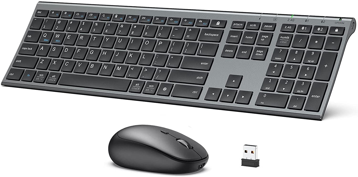مجموعه کیبورد و موس بلوتوث iClever DK03، کیبورد و موس بی‌سیم دو حالته (بلوتوث + 2.4G) قابل شارژ، کیبورد فوق العاده نازک چند دستگاهه برای مک، آیپد، اپل، اندروید، ویندوز، خاکستری و مشکی