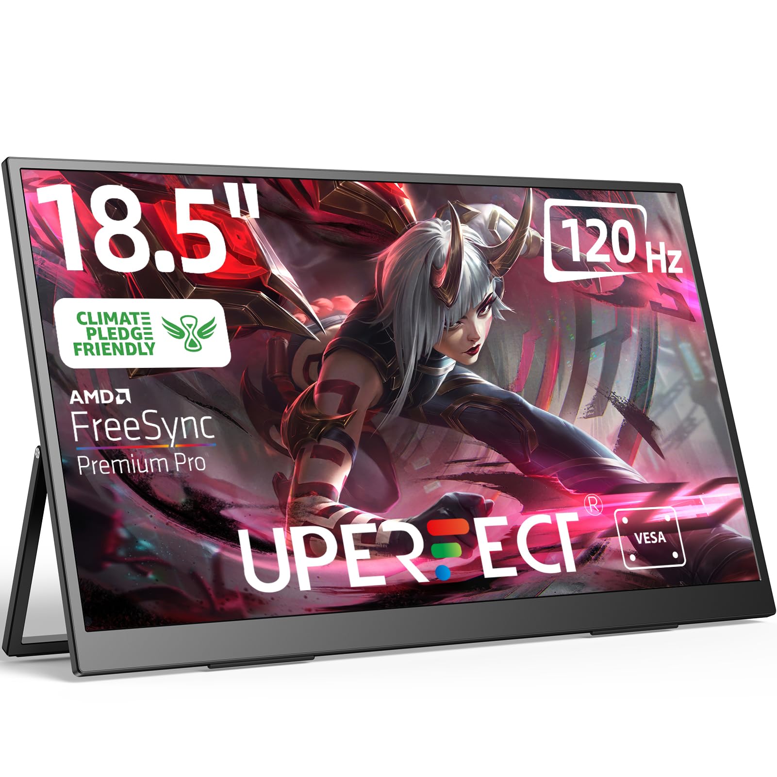 مانیتور قابل حمل UPERFECT 18.5 اینچ 120 هرتز 100٪ sRGB 1080P با VESA و استند 180 درجه قابل تنظیم اولتراسلیم و سبک بدون فریم FHD FreeSync IPS HDR نمایش بازی ، مانیتور دوم مسافرتی برای لپ تاپ 18.5 اینچ 120 هرتز