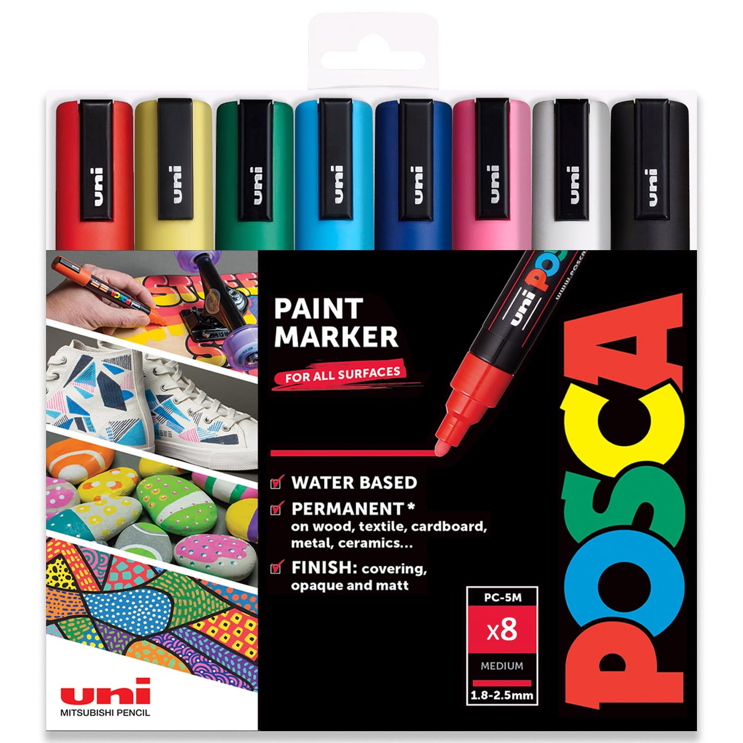 نوارهای هنری Posca - PC-5M برای نقاشی - 1.8-2.5 میلی متر - مجموعه ۸ عددی در جعبه هدیه (مجموعه کلاسیک [B])