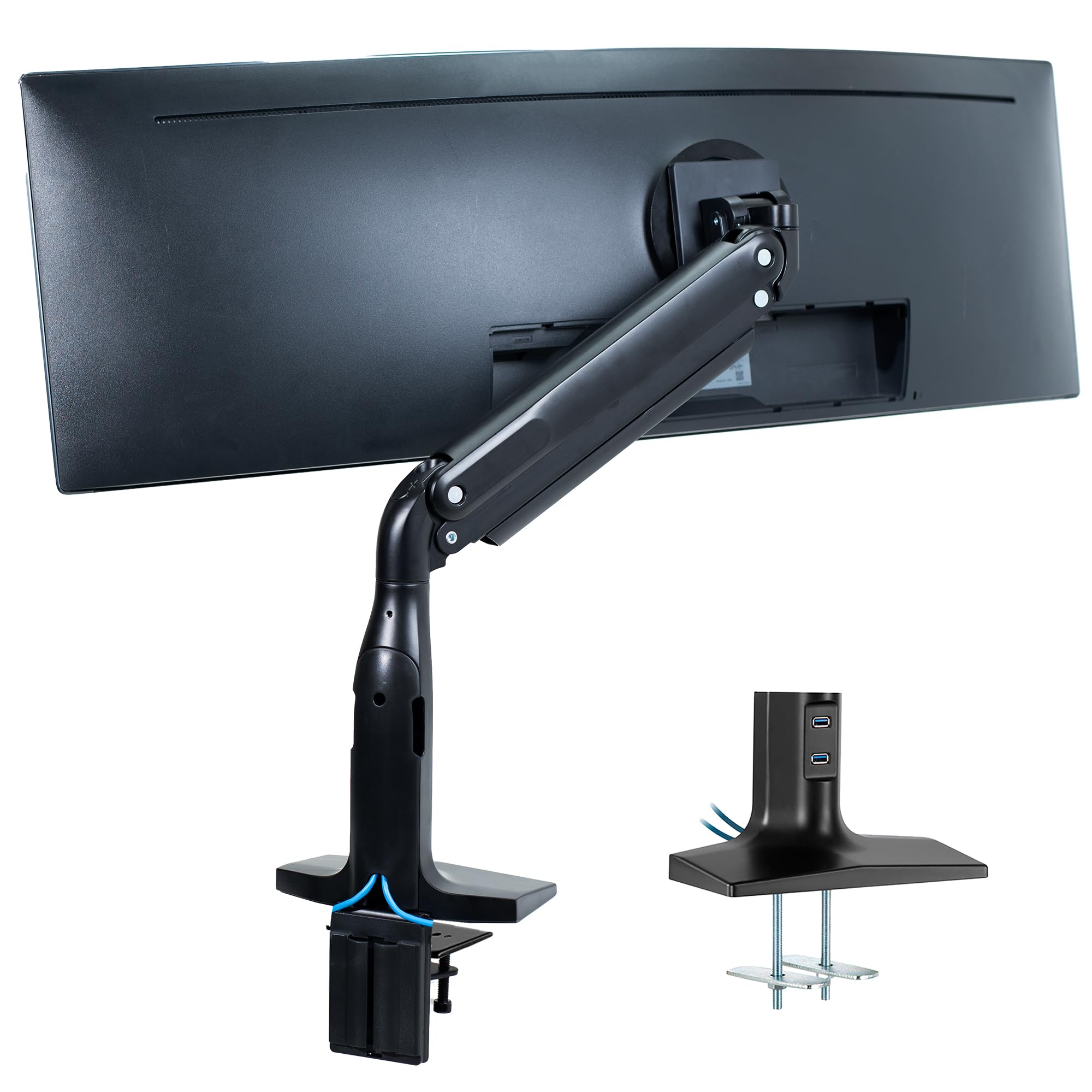 ویوو استند آلومینیومی اولتراواید مانیتور، کلاسیک + USB، مناسب برای صفحه نمایش های تا 49 اینچ، بازوی یکپارچه پنوماتیک، پورت های USB، نگهدارنده رومیزی C-Clamp و Grommet، حداکثر VESA 200x100، رنگ مشکی، STAND-V100HU