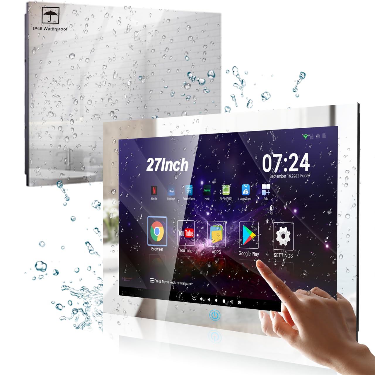 Haocrown 27-inch TouchScreen Bathroom TV Waterproof Smart Mirror TV with Full-HD 1080P Android 11.0 System Built-in Freeview Satellite Tuner Wi-Fi, Bluetooth, HDMI, USB(Mirror, Touchscreen) 27 inch mirror(touch screen)