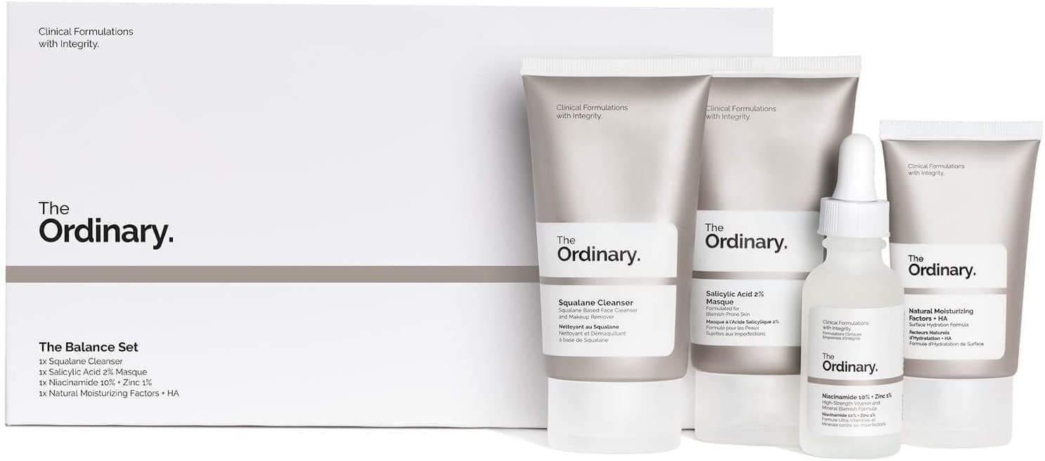 مجموعه تعادل The Ordinary - مجموعه زیبایی، مجموعه محصولات مراقبت از پوست، مجموعه هدیه با پاک کننده اسکوالن، ماسک اسید سالیسیلیک 2٪، نیاسینامید 10٪ و روی 1٪ و عوامل رطوبتی طبیعی و HA (مجموعه 4 تایی)