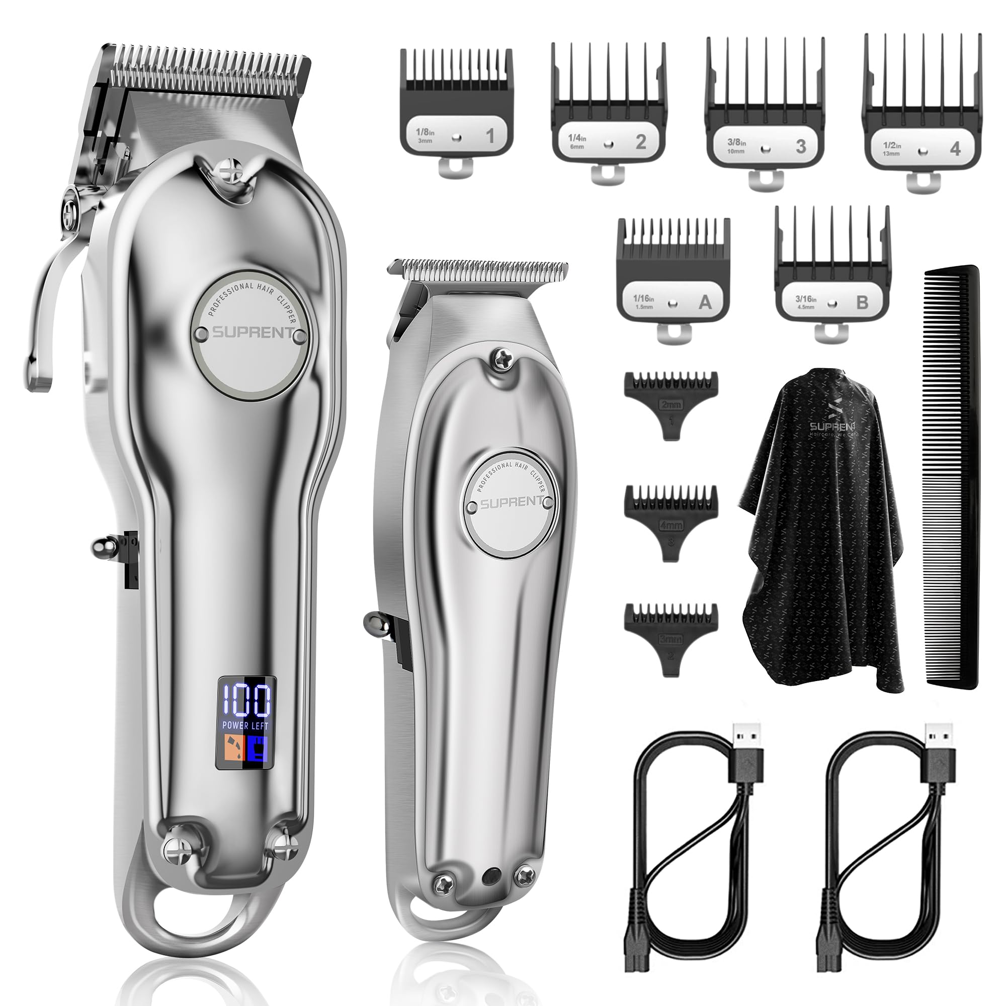 ماشین اصلاح حرفه ای SUPRENT® برای مردان، کیت اصلاح مو و تریمر با تی شمشیری Zero Gap، مجموعه اصلاح بی‌سیم با نمایشگر LED برای هدیه دادن به مردان (نقره‌ای)