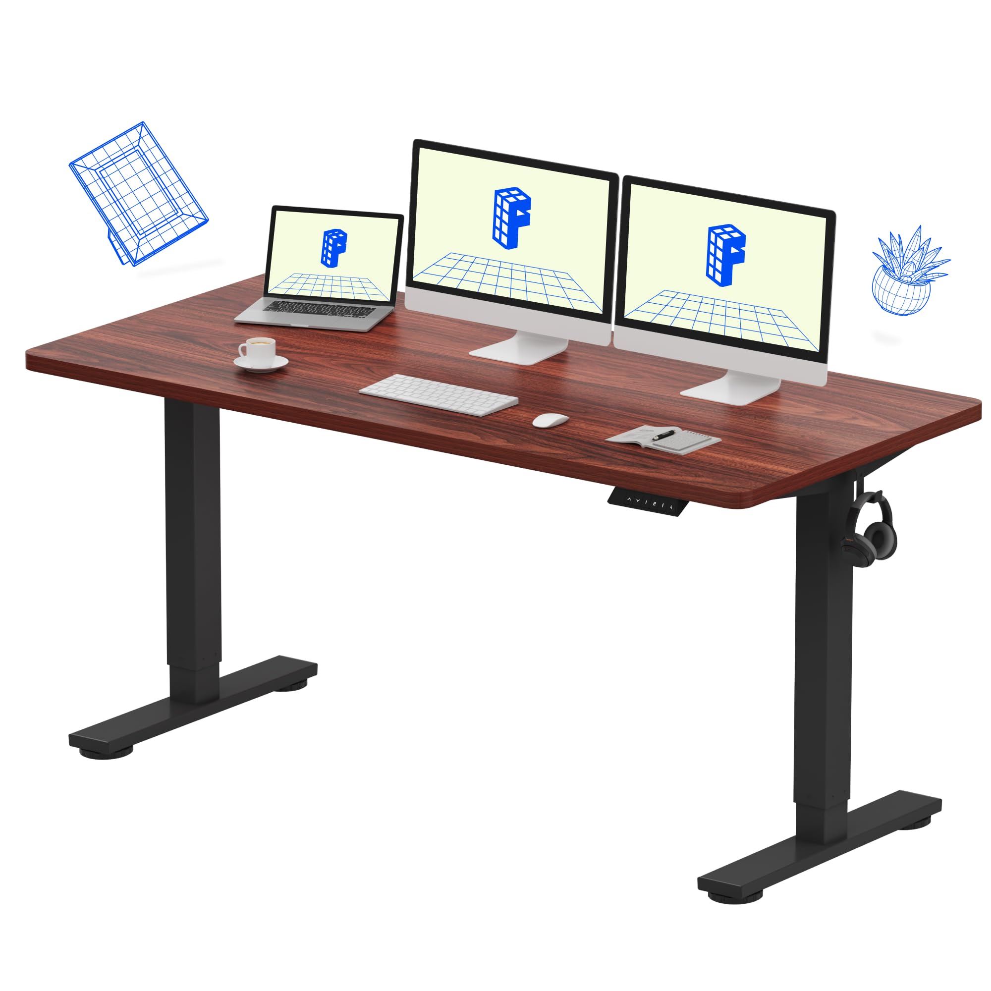 FLEXISPOT EN1 Whole-Piece Standing Desk 60"x24" Electric Stand Up Desk Workstation, Home Office Computer Standing Table Height Adjustable Desk (Black Frame + Mahogany Top, 2 Packages) Mahogany 60x24"