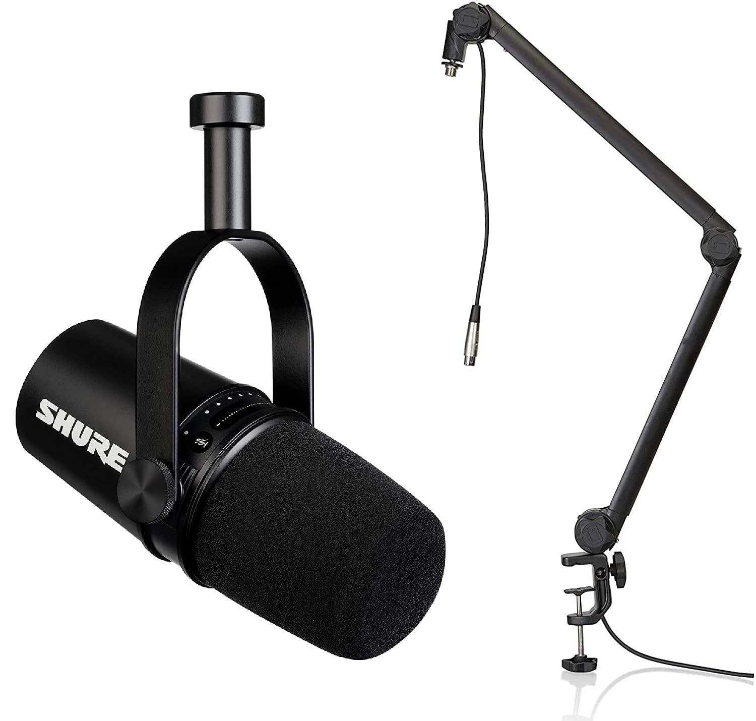 Shure MV7، میکروفون پادکست، حرفه ای، سیاه و Gator Frameworks Deluxe Desk-Mounted Broadcast Microphone Boom Stand برای پادکست ها و ضبط؛ کابل XLR یکپارچه (GFWBCBM3000) سیاه + ایستاده میکروفون Boom + Cable
