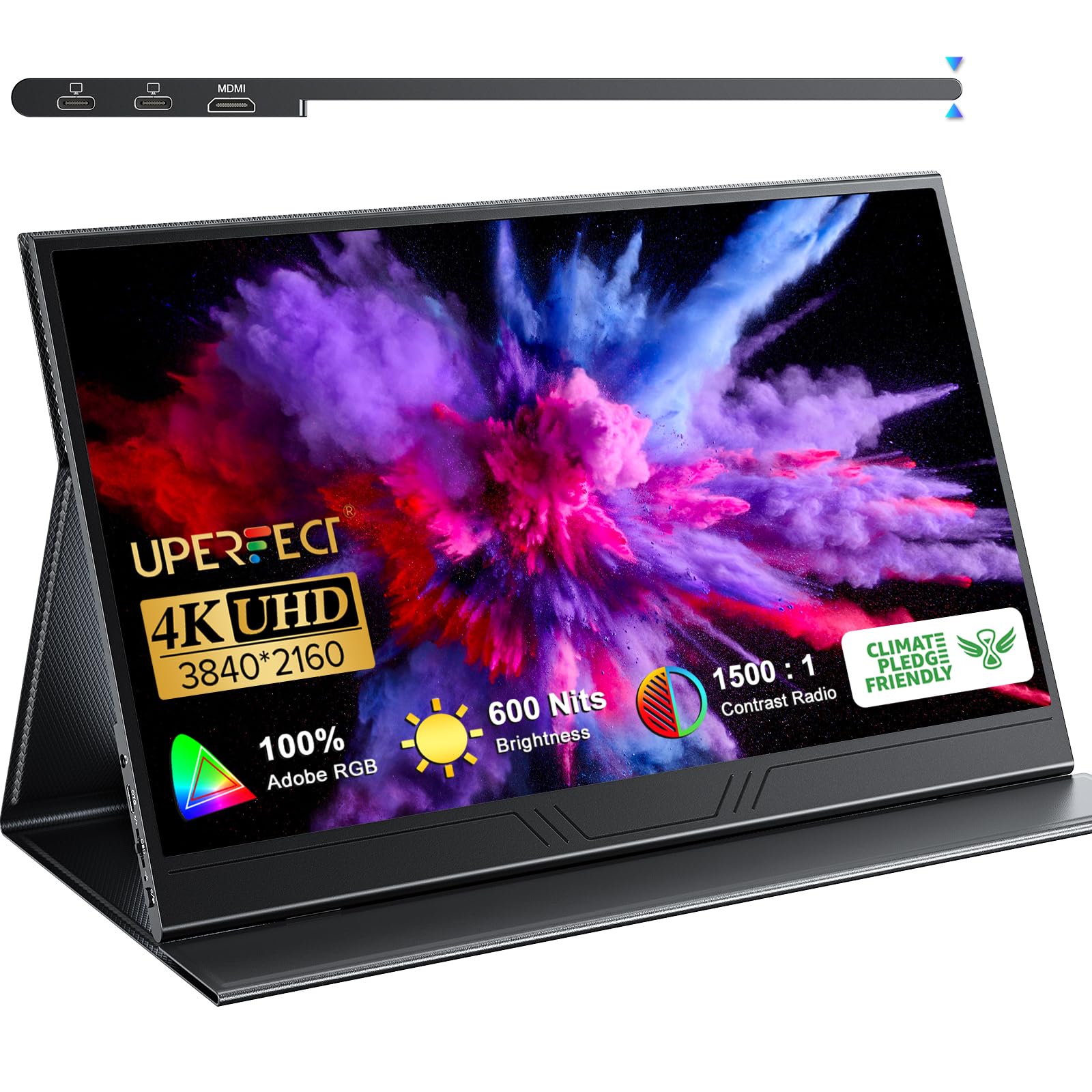 مانیتور قابل حمل UPERFECT True 4K، [نسخه جدید] 15.6 اینچ UHD IPS 3840x2160 USB C، چارچوب فلزی منحصر به فرد، 100٪ Adobe RGB 600 نیت روشنایی، HDR FreeSync اسپیکر HDMI Type-C OTG با کیف هوشمند