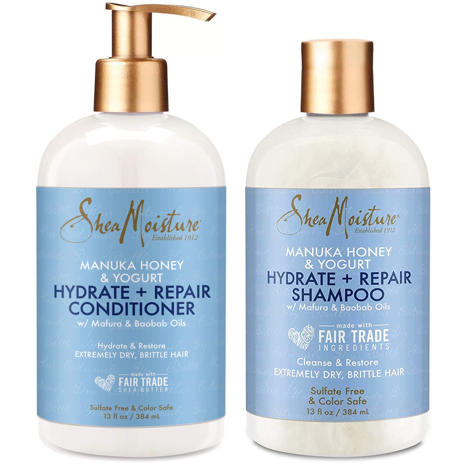 محصولات SHEA MOISTURE شامپو و کاندیشنر Shea Butter برای موهای آسیب دیده با عسل Manuka و ماست یوغورت حجم ۱۳ اونس (بسته ۲ عدد) ۱ میلی‌لیتر (بسته ۳۷۰ عدد)