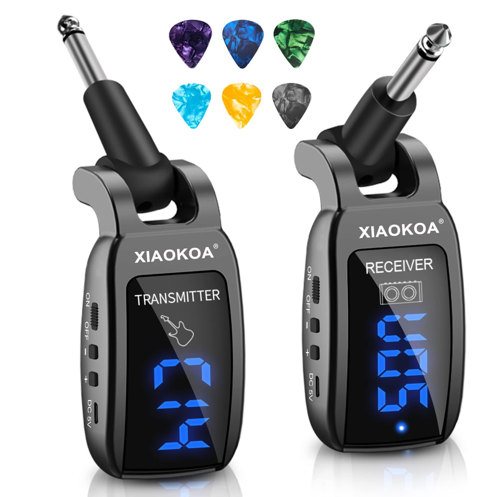 XIAOKOA Wireless Guitar System, UHF Wireless Guitar Transmitter Receiver 164Feet Range with HD LED Screen for Electric Guitar Bass Musical Instruments （Black）
