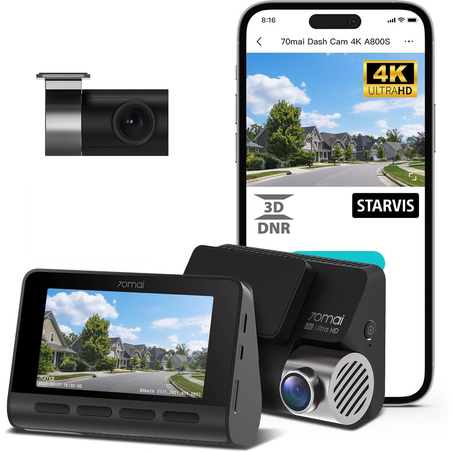 دوربین خودروی 70mai 4K A800S-1 با دوربین جلو و عقب STARVIS، دارای وای فای 5GHz و GPS، دوربین خودرو، دید در شب عالی، سیستم هوشمند ADAS، صفحه نمایش IPS 3 اینچ، حالت پارکینگ 24 ساعته، زمان‌گذاری، ضبط حلقه‌ای، پشتیبانی تا 256 گیگابایت
