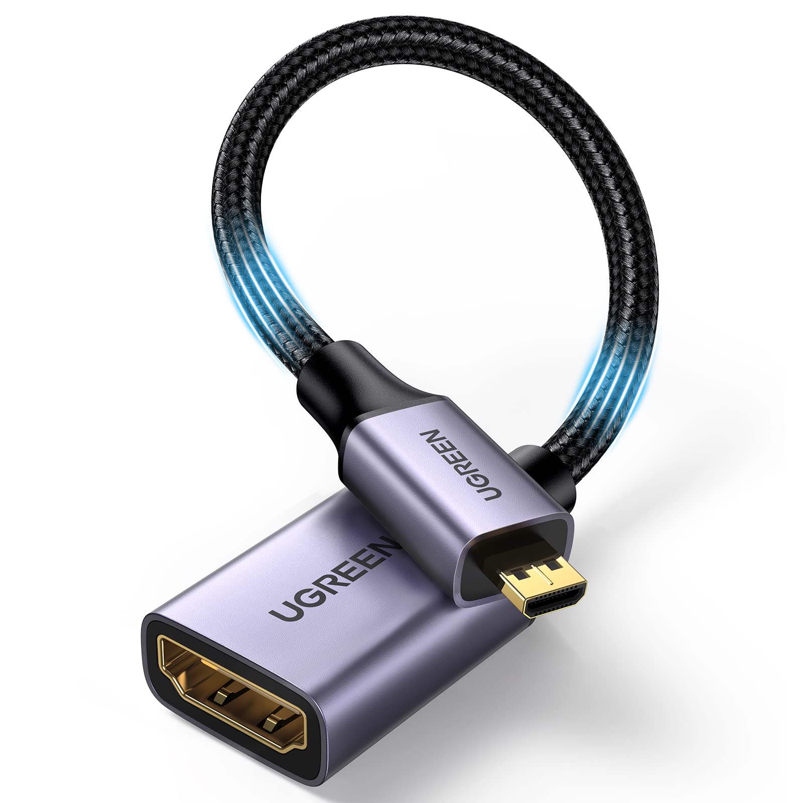 کابل آداپتور توری دار میکرو HDMI به HDMI اورگرین، مرد به زن، با سرعت بالا، پشتیبانی از 3D 4K 60Hz 1080P، اترنت، بازگشت صدا، سازگار با گوپرو هیرو 6 و 5، تبلت، دوربین‌ها، پلی‌استیشن 5 - رنگ مشکی - 0.25 متر