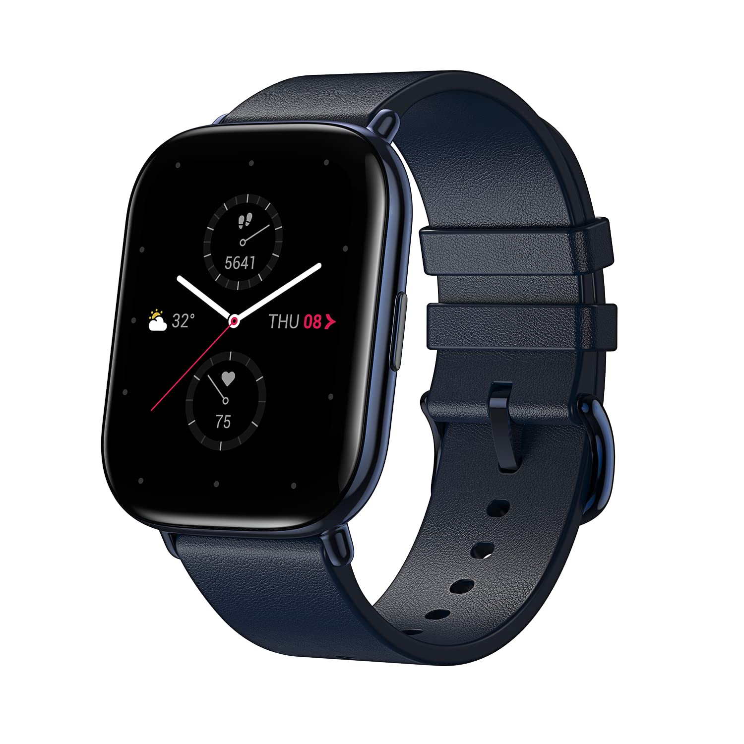 ساعت هوشمند Amazfit Zepp E Square با قابلیت‌های پایش سلامت و تناسب اندام، از جمله نظارت بر ضربان قلب، اشباع اکسیژن خون و پیگیری خواب REM، با بدنه استیل ضد زنگ و بند چرمی در رنگ آبی عمیق