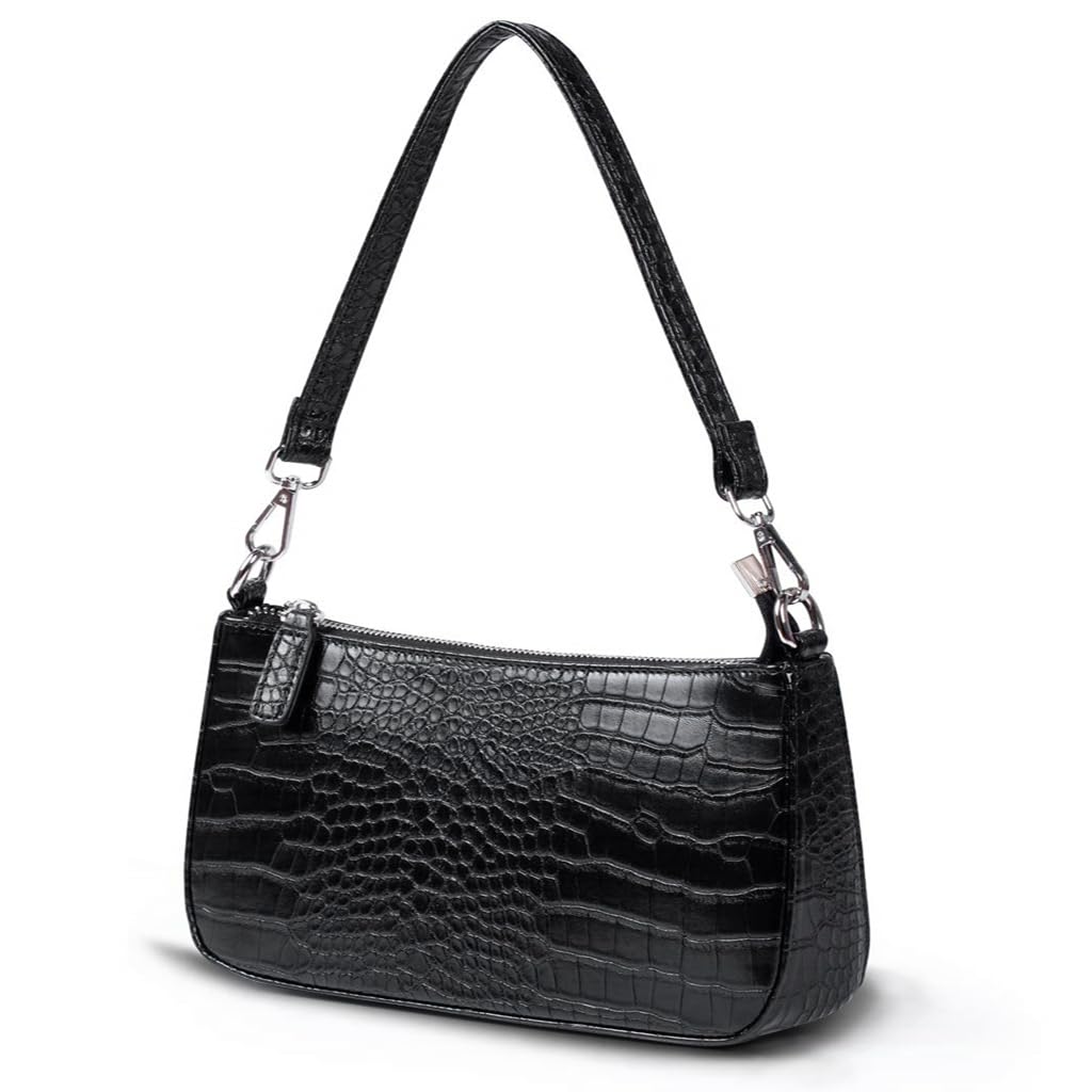 Small Shoulder bag with 2 Removable Straps Cross Body Clutch Purse Handbag for Women Black With Croc Pattern