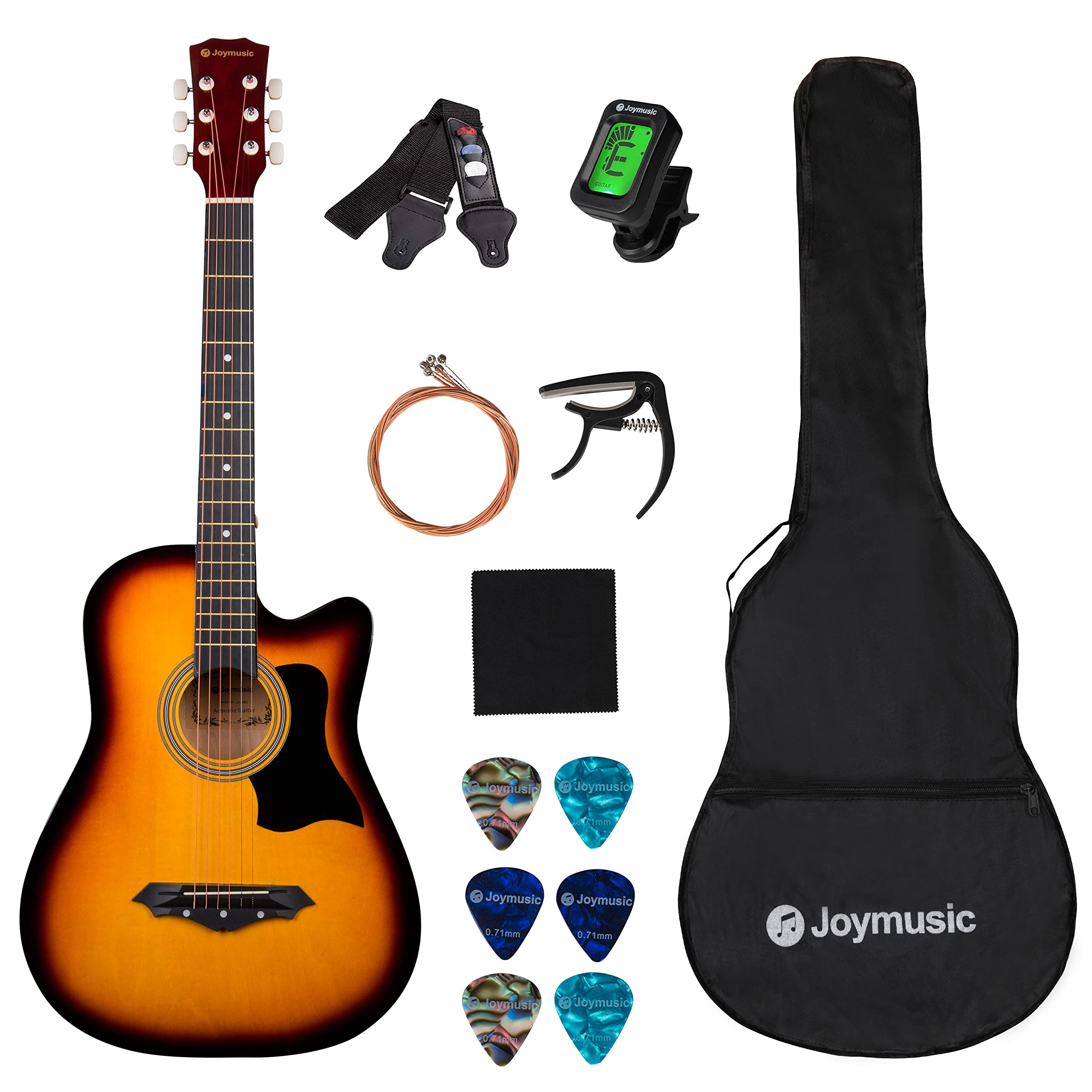 کیت گیتار آکوستیک 6 رشته ای JOYMUSIC با اندازه 38 اینچ، رنگ زردخوراکی، با درخشندگی (مدل JG-38C,3TS)، سمت راست