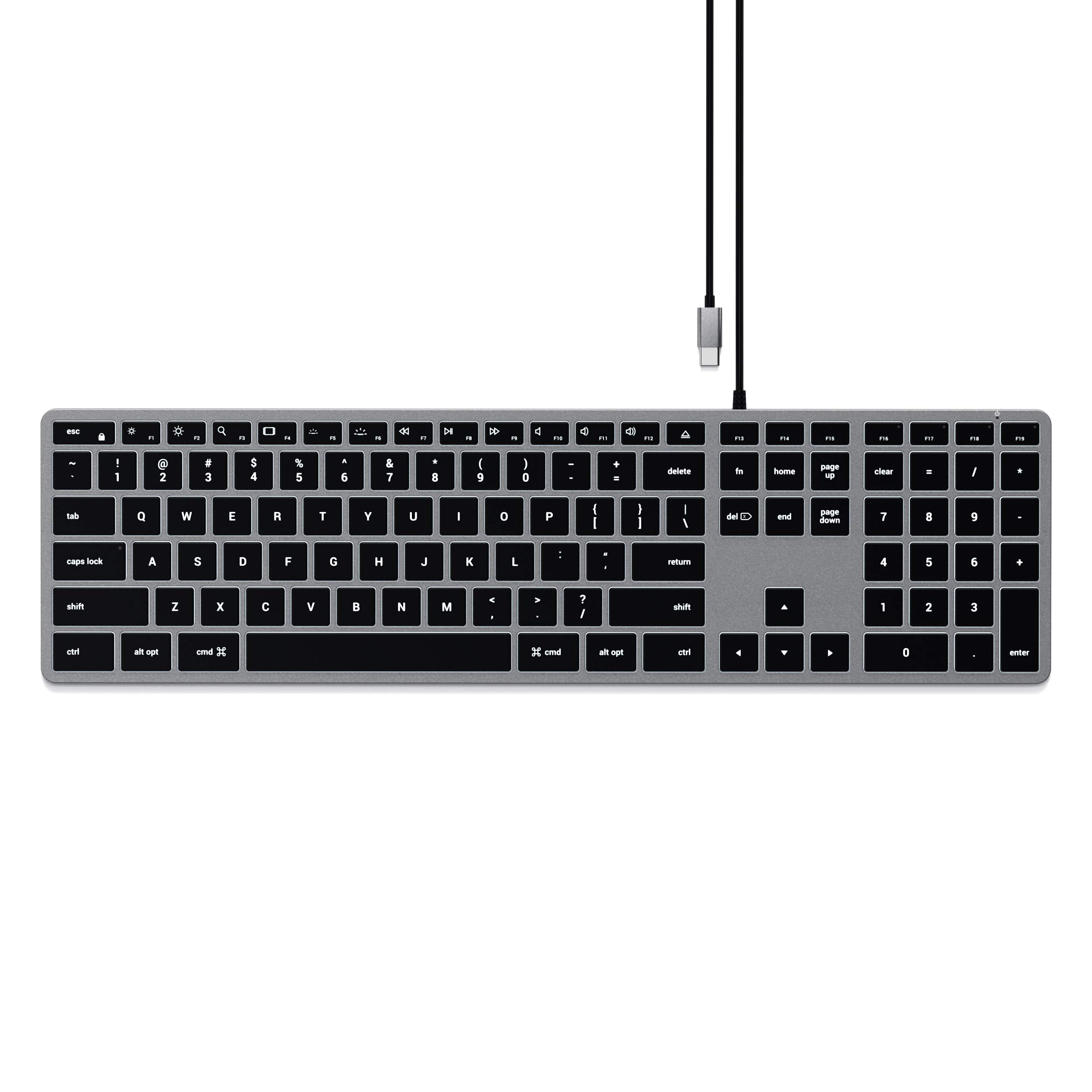 کیبورد Satechi Slim W3 با وایر دار و نور پس زمینه دارای پد عددی - کلید‌های روشن و اتصال USB-C برای مک‌بوک ایر و پرو M4 M3، آیپد ایر و پرو M4 M3، مک‌مینی، آیمک و سایر دستگاه‌ها (طراحی US-QWERTY)