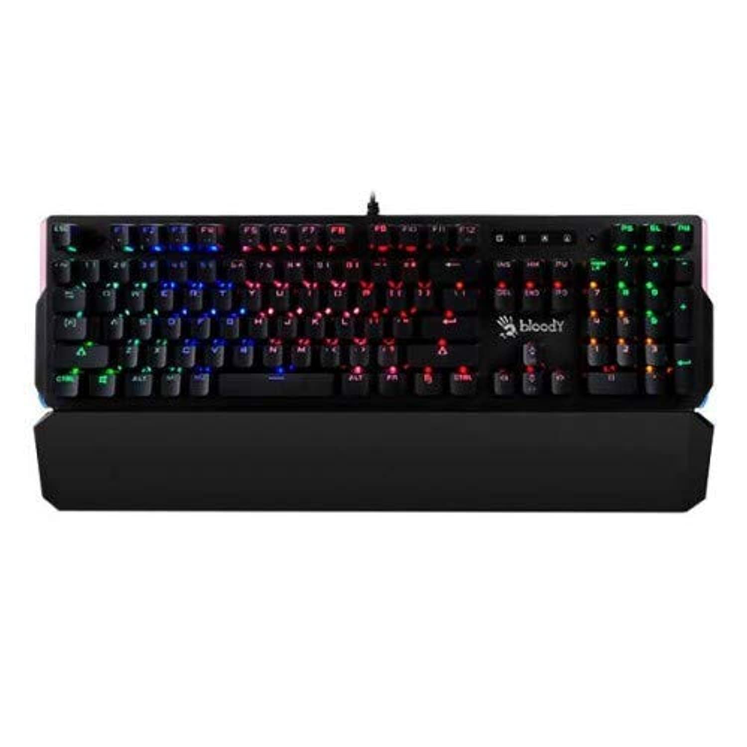 کیبورد بازی مکانیکال RGB با تکنولوژی نوری Light Strike Optical Technology B885N Bloody با سوئیچ قرمز-آبی صداهای طولانی‌مدت تایپینگ، دو کلید دوبرنامه‌ریز نئون نقره‌ای با بدنه فلزی، سازگار با ویندوز 7/8/8.1/10 یا بالاتر