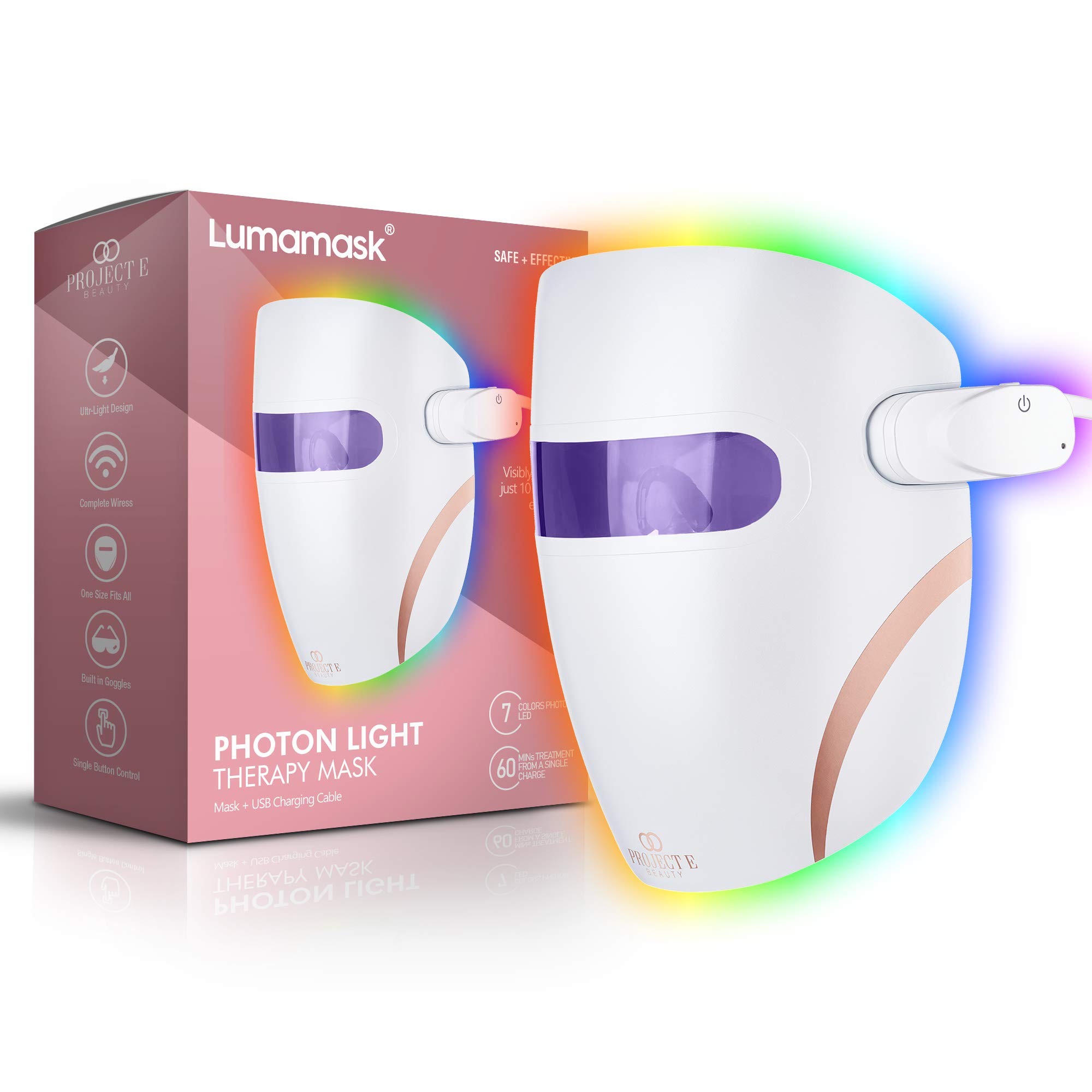پروژه E Beauty Lumamask LED Light Therapy 7 رنگ LED | مراقبت از پوست ضد پیری و ضد لک | کاهش خطوط ریز و چین | تنظیم پوست | سبک و بی‌سیم