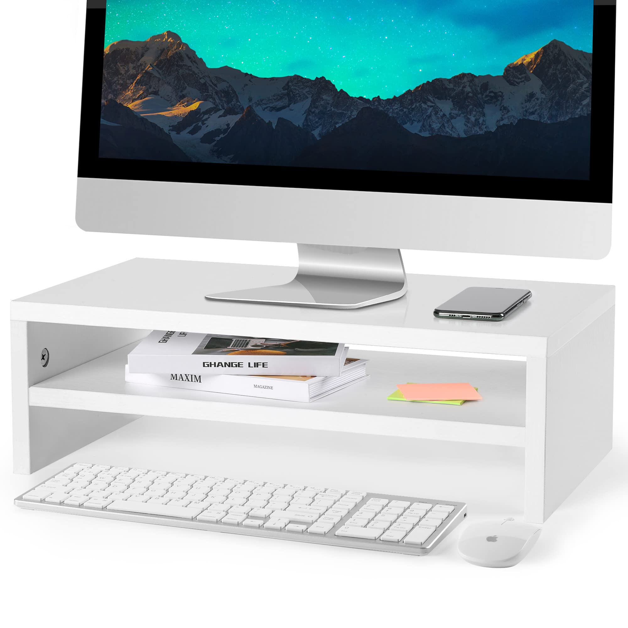 پایه نگهدارنده صفحه نمایش Astoryou Wood Monitor Stand Riser، Astoryou 16.5 اینچ 2 طبقه میز تلویزیون میز کامپیوتر نگهدارنده صفحه نمایش، قفسه ذخیره و نگهدارنده صفحه نمایش چند منظوره برای خانه، دفتر کار، تجارت، سفید