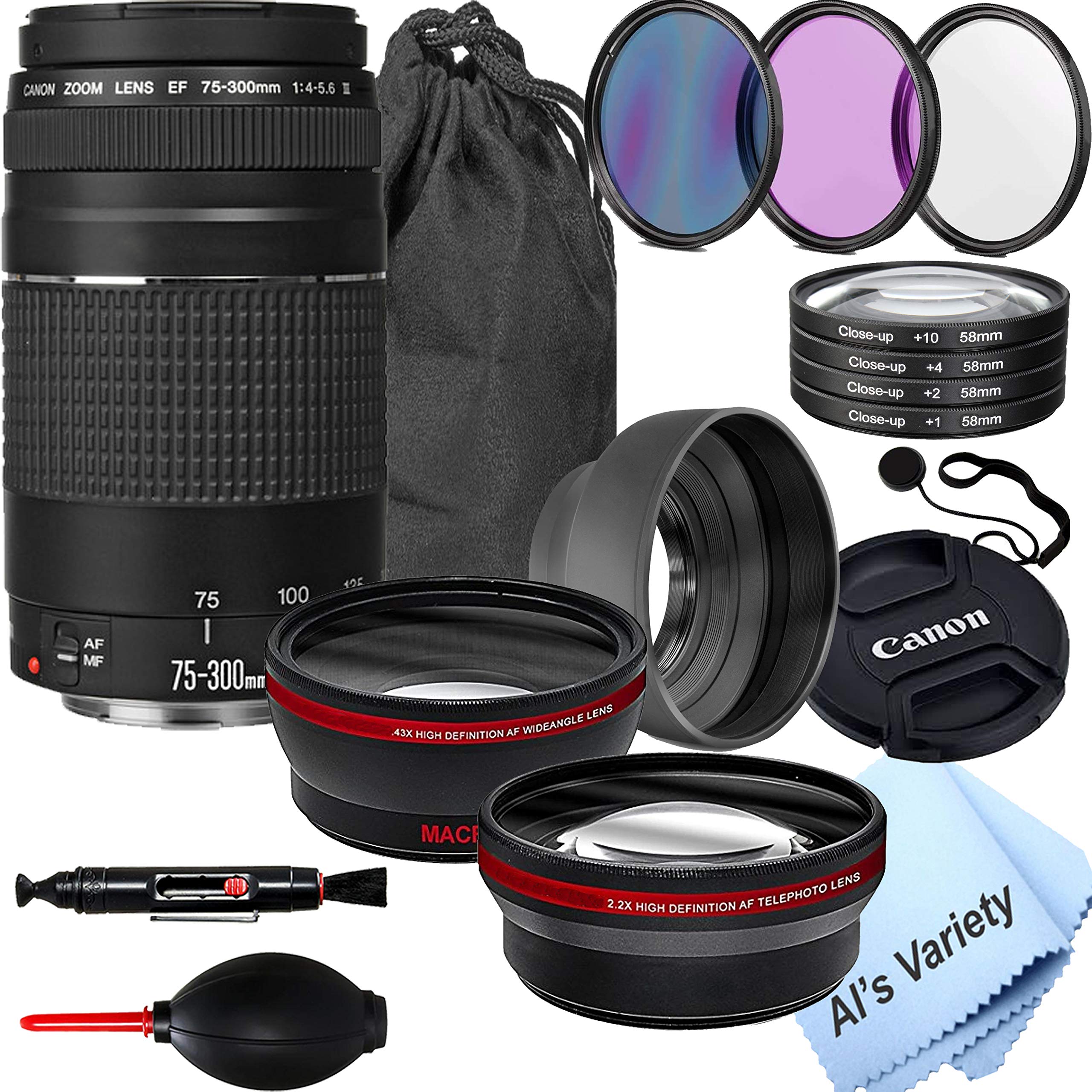 ترجمه: لنز تله فوتوگرافی کانن Canon EF 75-300mm f/4-5.6 III با یک لنز تله فوتوگرافی 2X، لنز زاویه پهن HD، فیلترها و لوازم جانبی (مجموعه 19 تکه) از فروشگاه متنوع آل.