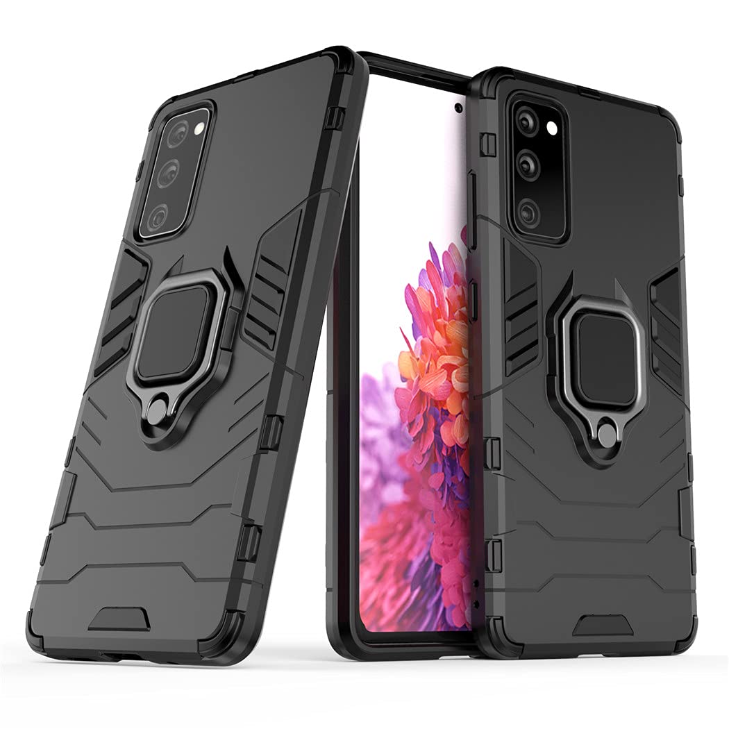 سازگار با Samsung Galaxy S20 FE، S20 Fan Edition، Galaxy S20 Lite Case، Metal Ring Grip Kickstand Bumper (با مونتاژ خودرو مغناطیسی کار می‌کند) Dual Layer Rugged Cover (مشکی)