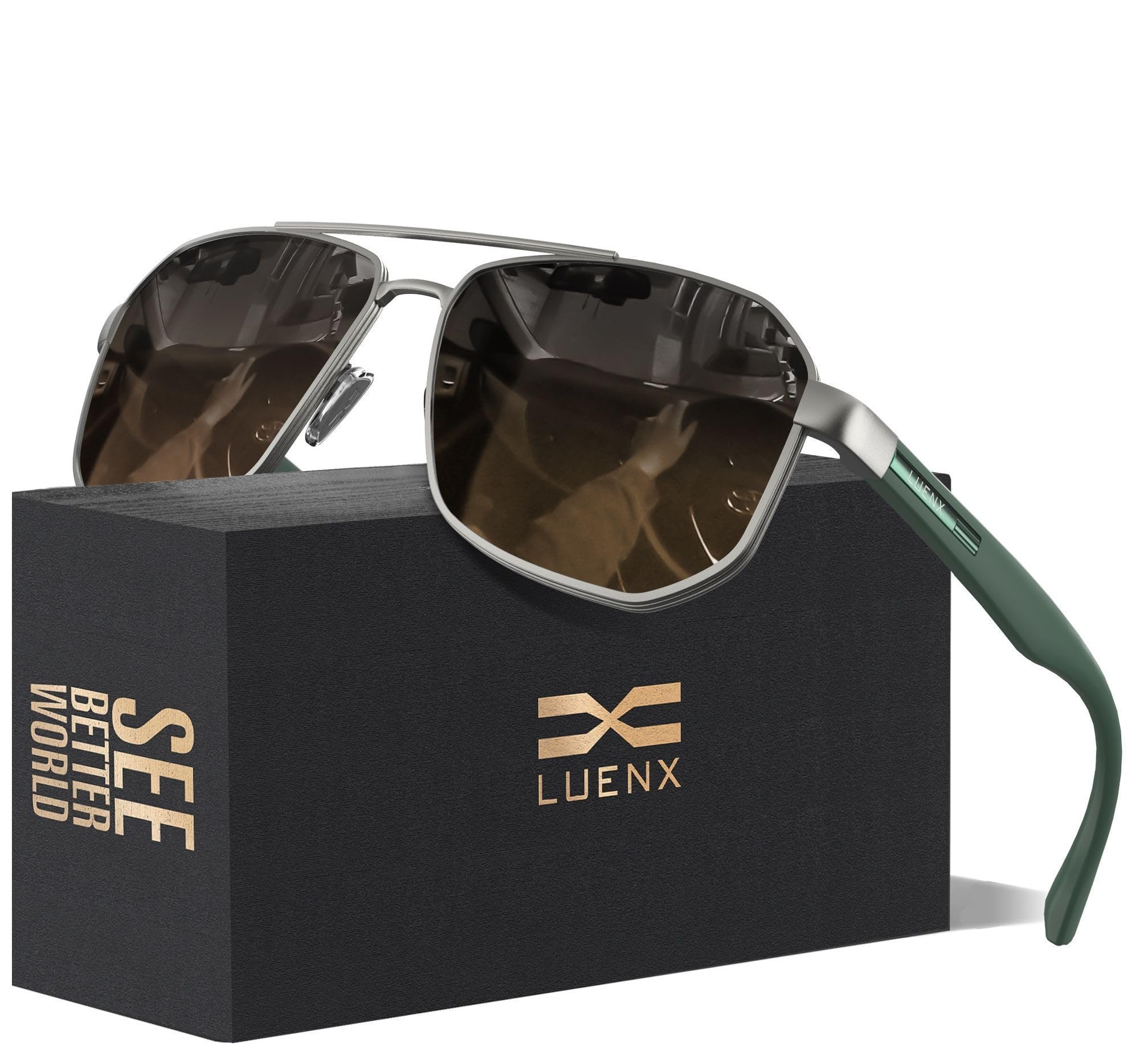سایه‌بان آویاتور LUENX برای مردان با عدسی‌های چهارگوشه پالارایز شده - محافظت UV 400 همراه با لوازم جانبی عدسی‌های گرادیانت مشکی و قهوه‌ای/ قاب گان شفاف/ بازوی سبز مات 61 میلیمتر.