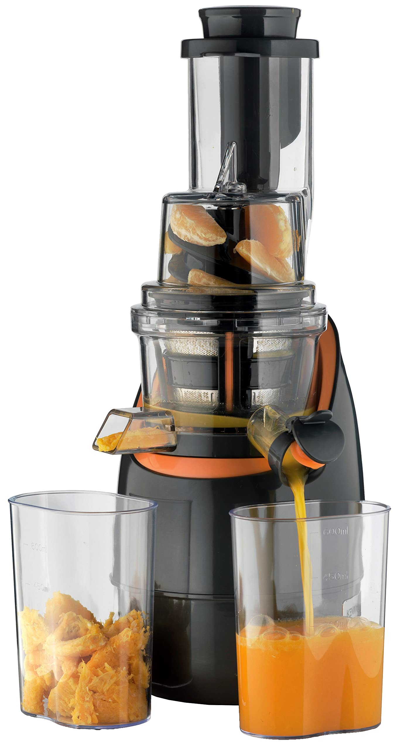 کنوود Slow Juicer Cold Press 200 وات با لوله تغذیه با عرض 65 میلی‌متر، 1 سرعت + معکوس، جگ، ظرف پوسته‌ها، ضد چکه، برس تمیز کننده، فشاردهنده/تمپر غذا JMP65.000GO خاکستری/نارنجی جدید 200 وات