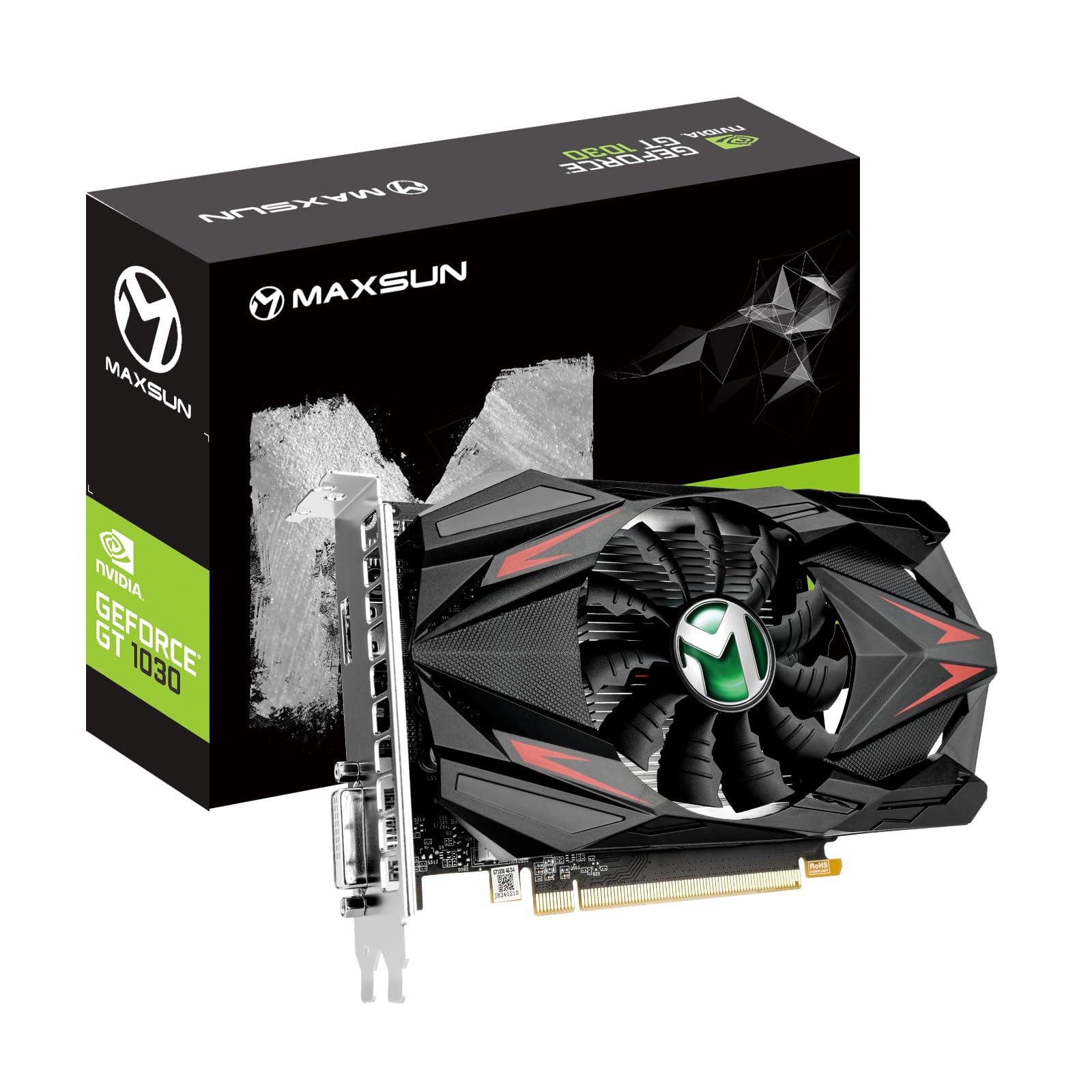 کارت گرافیک ویدیویی GEFORCE GT 1030 2GB GDDR5 با طراحی Mini ITX از شرکت Maxsun، دارای پورت HDMI، DVI-D و سیستم خنک کننده با یک فن است.