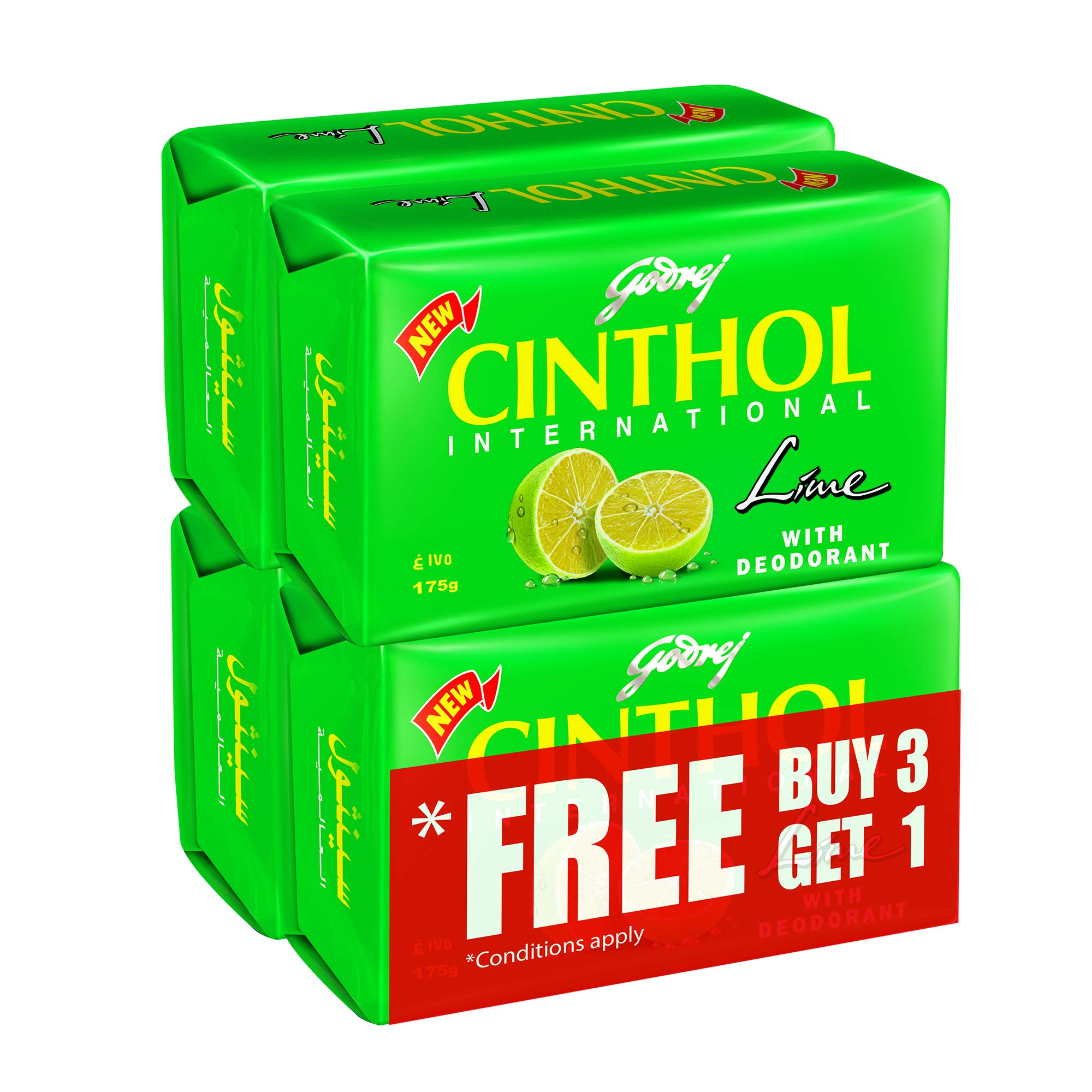 صابون نواری Cinthol حفاظت 99.9٪ در برابر باکتری‌ها با طعم لیمو (با ضدعرق) 175 گرم - (بسته ۴ عدد) سبز