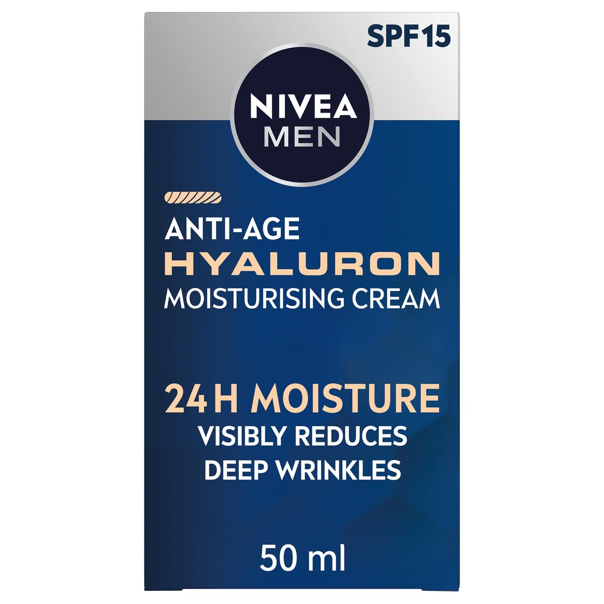 کرم مرطوب کننده ضد پیری با SPF15 هیالورون اسید NIVEA MEN (50 میلی‌لیتر)، کرم صورت ضد چروک با هیالورونیک اسید و پرو رتینول، به‌صورت مشهود چین و چروک‌های عمیق را کاهش می دهد و پوست را فرم می دهد. (بسته 1 عدد) کرم صورت
