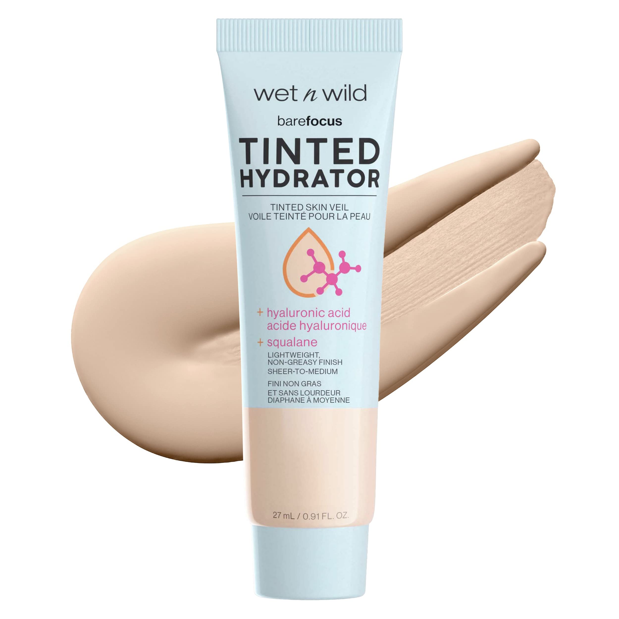 سایه پوستی مرطوب کننده Wet N Wild Bare Focus Tinted Hydrator، پایه پوستی رژگونه، آبرسان اسید هیالورونیک، رنگرز متوسط روشن، ۰٫۹۱ اونس مکعبی، ۲۷ میلی لیتر (بسته‌ی یک عدد)