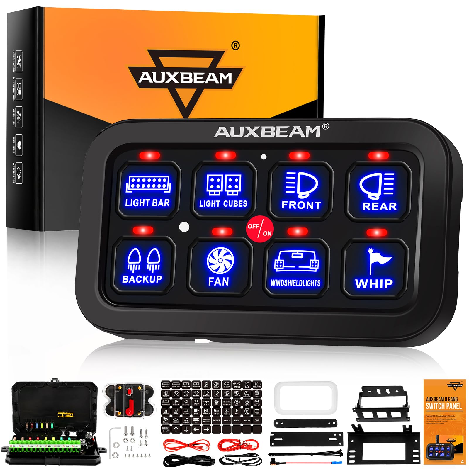 پنل کلید ۸ گنگ Auxbeam BA80، جعبه کنترل مدار یکپارچه سیستم رله با کنترل دمای خودکار روشن-خاموش ال ای دی برای خودرو پیکاپ تراک بوت ATV ATV، آبی دارای ۲ سال گارانتی (بدون اپلیکیشن)
