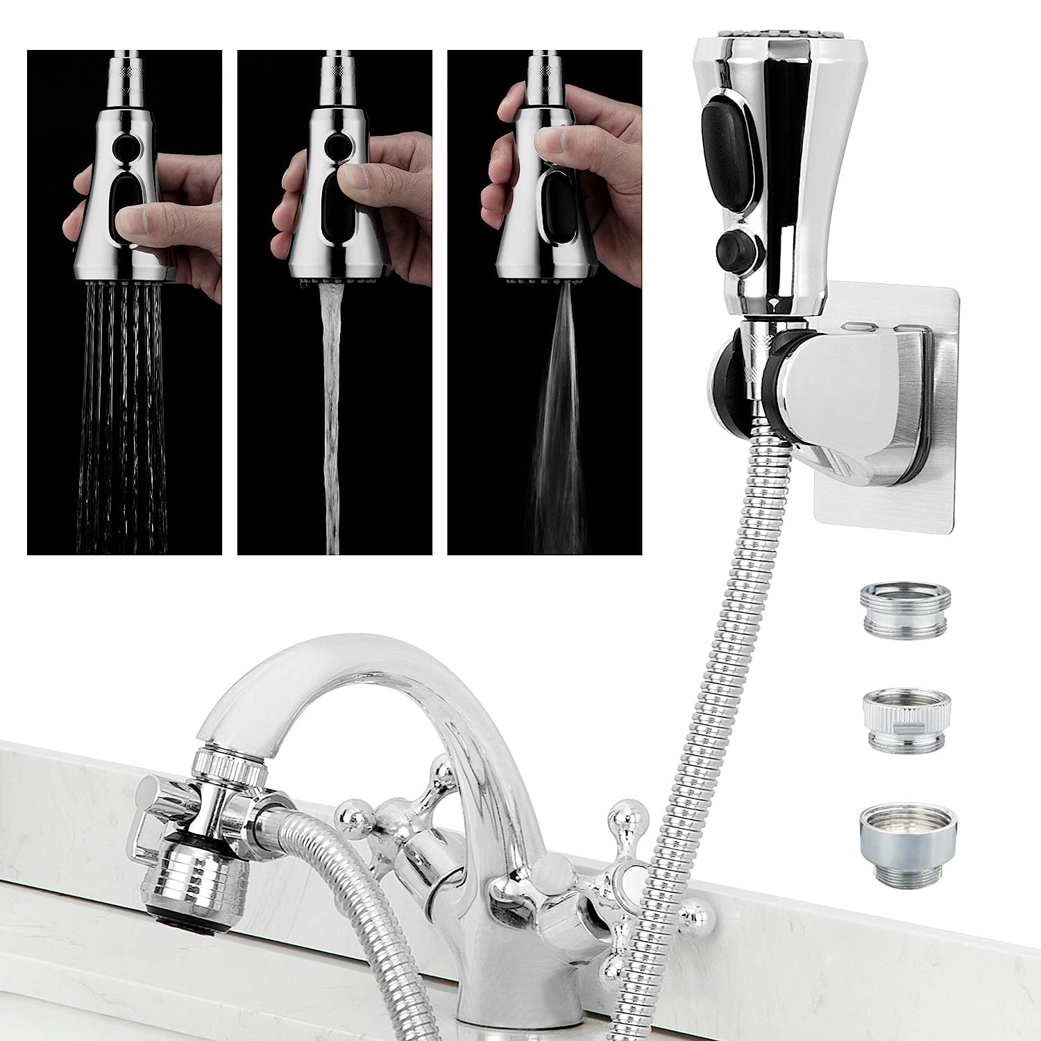 پیوسته شلنگ برای Kitchen Faucet CECEFIN، سر جایگزین Sprayer حاوی شلنگ استیل ضد زنگ 6.5 فوت، آره صرفه جویی در آب با سه گانه Diverter Valve برای شستشوی مو، اتاق غسیل و حمام حیوانات اهلی
