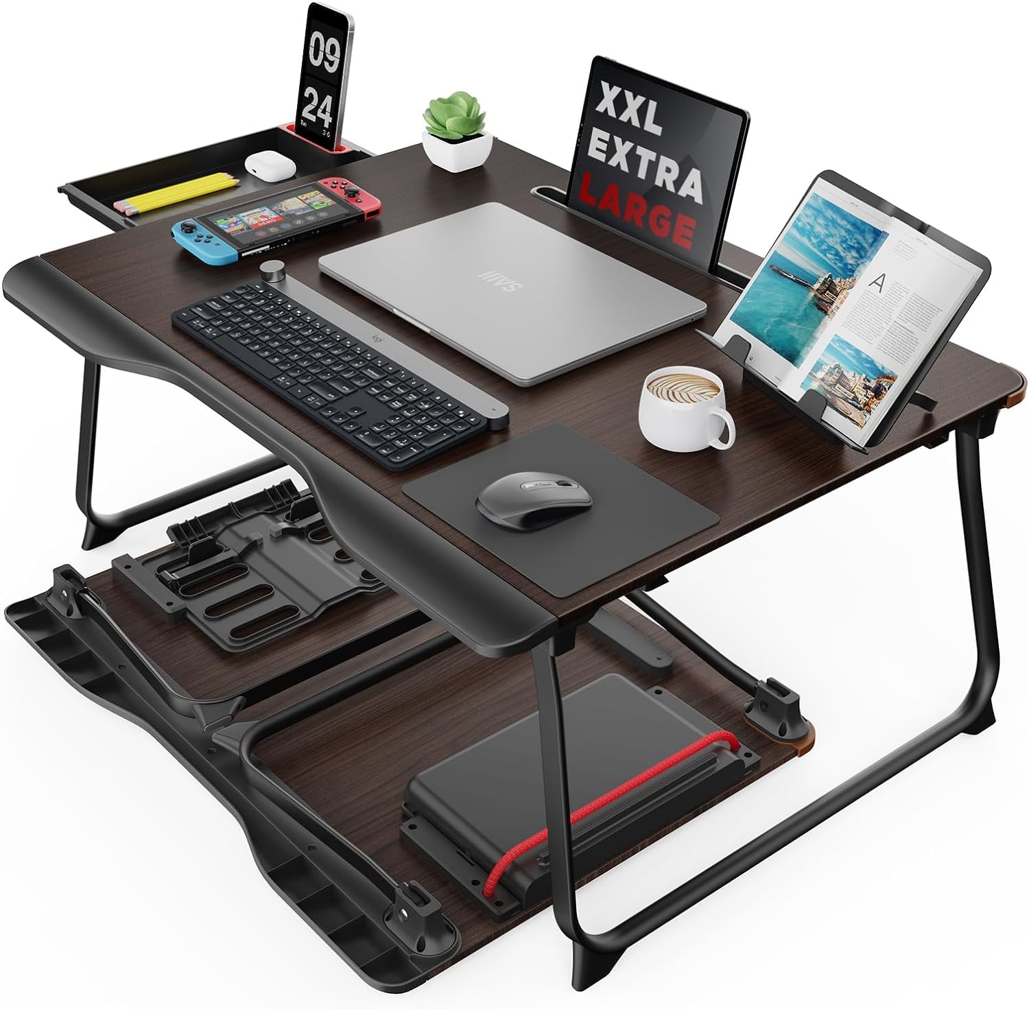میز لپ تاپ SAIJI برای رختخواب، میز بزرگ قابل تاشو برای صبحانه خوری، نوشتن، کار کردن، بازی کردن، نقاشی کردن با دراور ذخیره سازی، استند دست، استند کتاب، استند تبلت، استند گوشی (گیلاس مشکی)