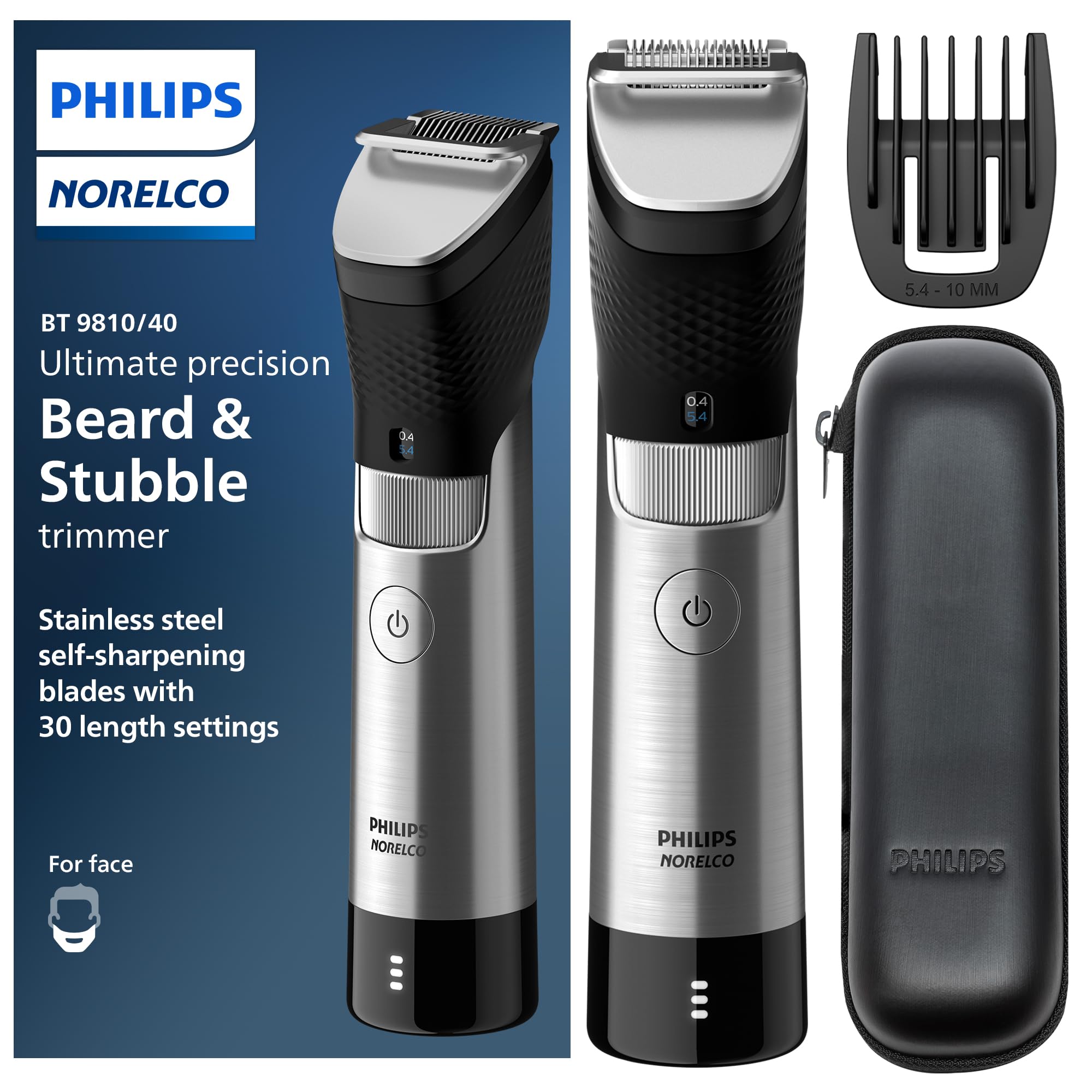 Philips Norelco Series 9000, Ultimate Precision Beard and Hair Trimmer with Beard Sense Technology for an even trim, BT9810/40 3 Piece Set Black/Silver

فیلیپس نورلکو سری ۹۰۰۰ ، تراش مو و سبیل های دقیق سری ۹۰۰۰ با فناوری حس مو ، برای تراشیدن یکنواخت ، مجموعه سه تکه بی تی ۹۸۱۰/۴۰ مشکی/نقره‌ای