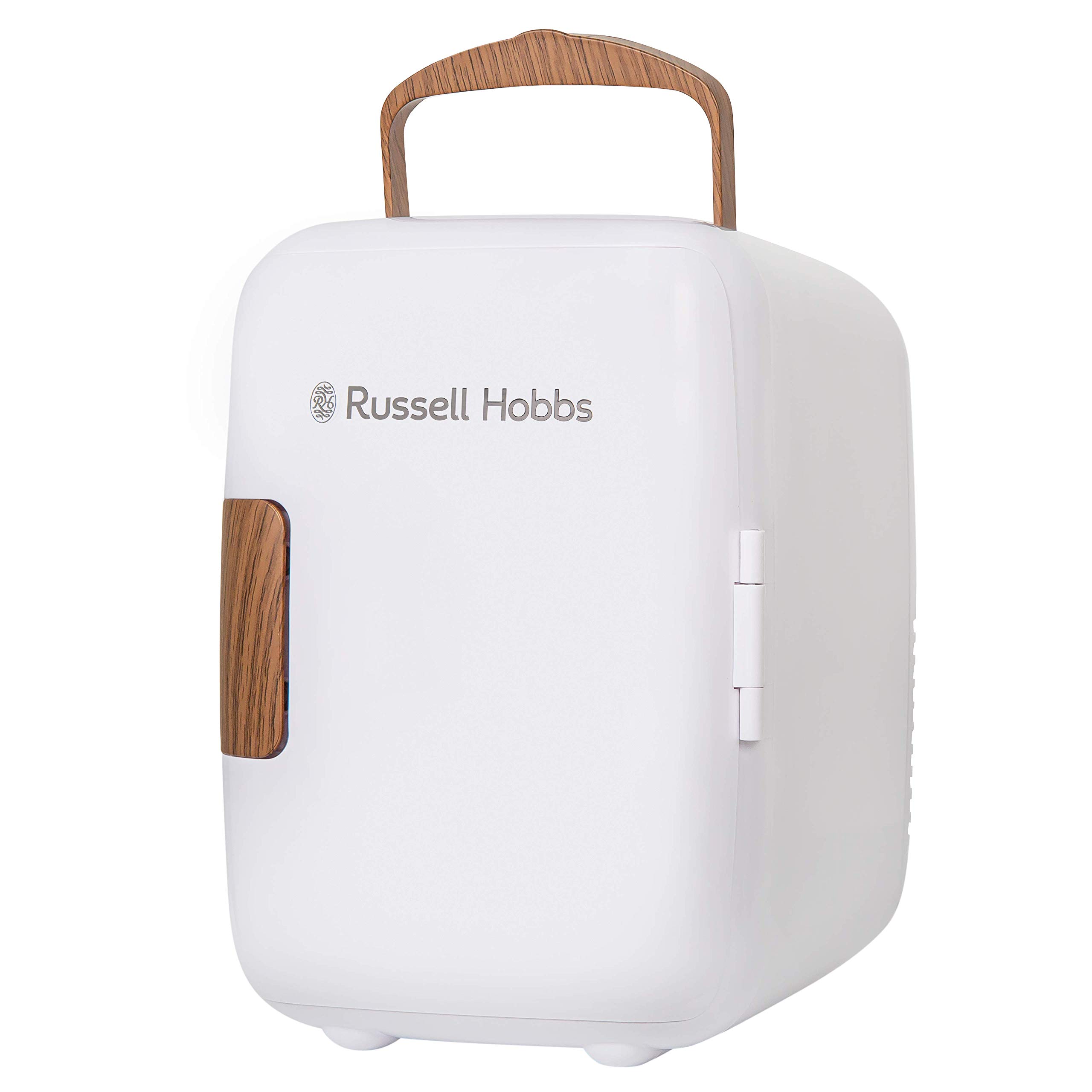 راسل هابز RH4CLR1001SCW 4L/6 Can Mini Portable Cooler & Warmer برای نوشیدنی ها، لوازم آرایش/آرایشی/مراقبت از پوست، با منبع تغذیه AC/DC، استایل اسکندیناوی، سفید و با اثر چوب، برای اتاق خواب، خانه، کاروان، اتومبیل اسکندین 4 لیتر سفید