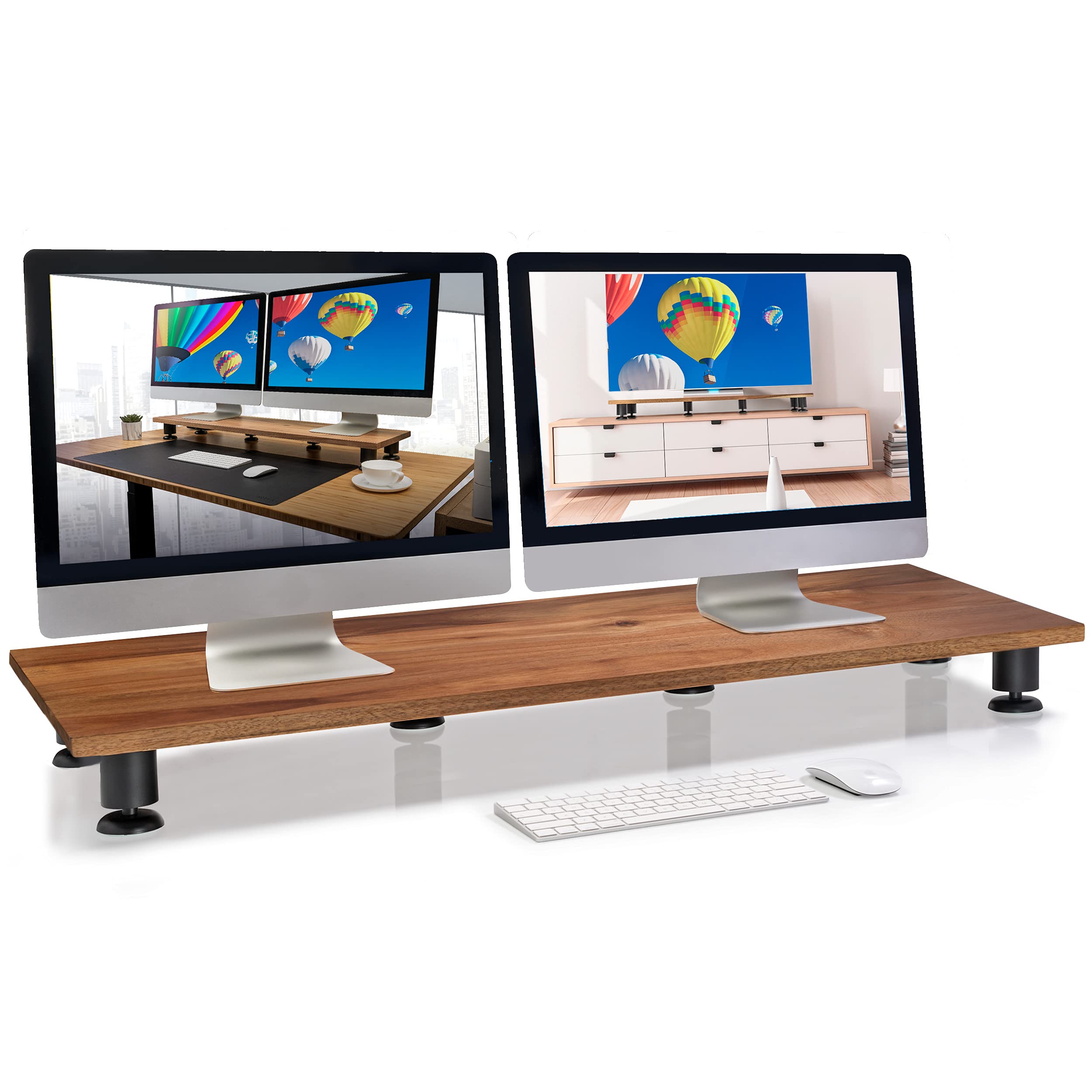 Nordik By Design Large Dual Monitor Riser for 2 - ایستگاه تلویزیون لپ تاپ کامپیوتر چوب اکاسیا دست ساز با کیفیت متمتع - پایه تلویزیون همراه با قفسه برای لوازم میز - منظم تلویزیون