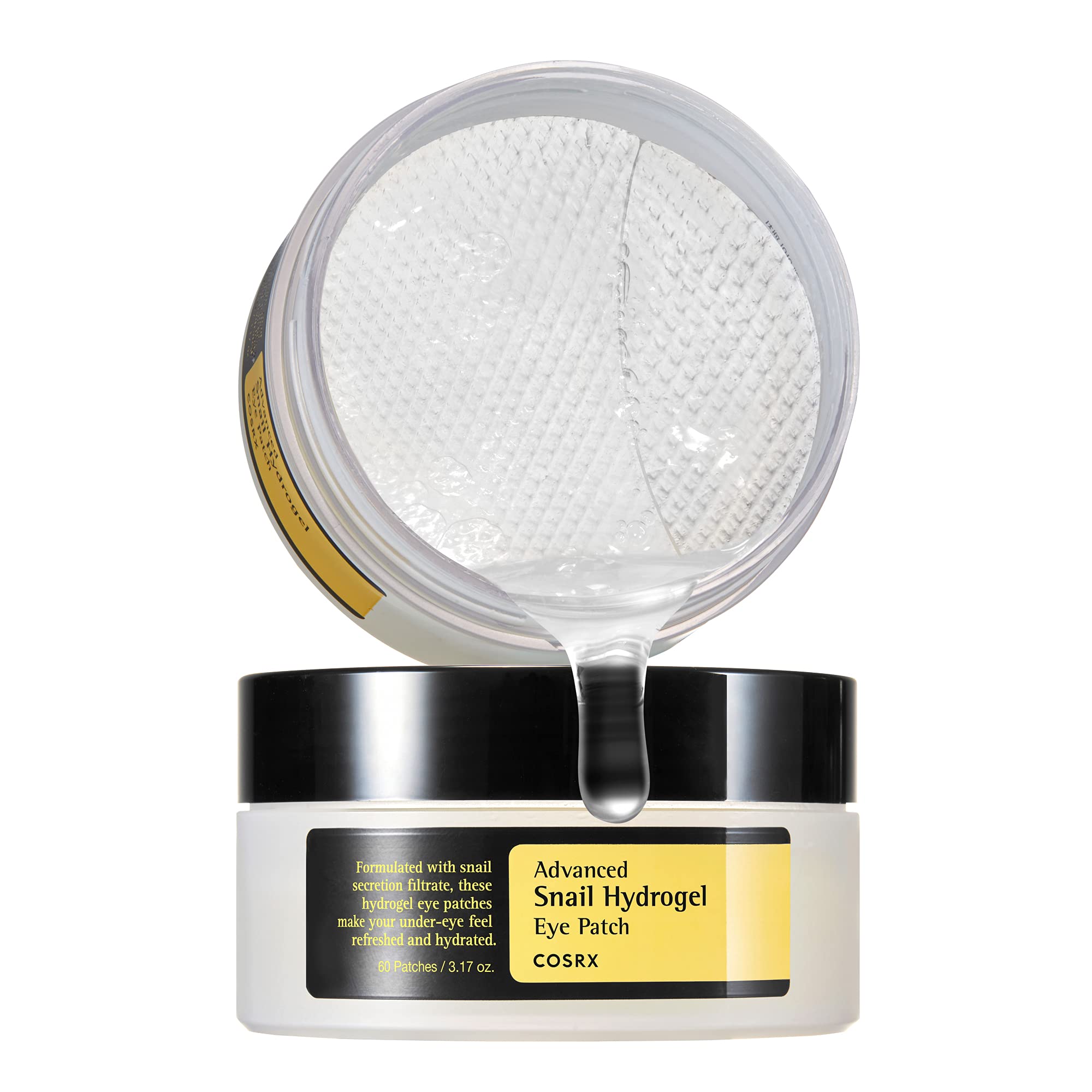 پوچ کرم ژله ای COSRX Advanced Snail Hydrogel Eye Patch 60 پتچ (3.17 اونس) | ماسک ژل سرم | درمان زیر چشم، خطوط فاین، چشمان پفی، تازه کردن، تازه سازی، نرم کردن | بدون پارابن، بدون فتالات، مراقبت از پوست کره ای