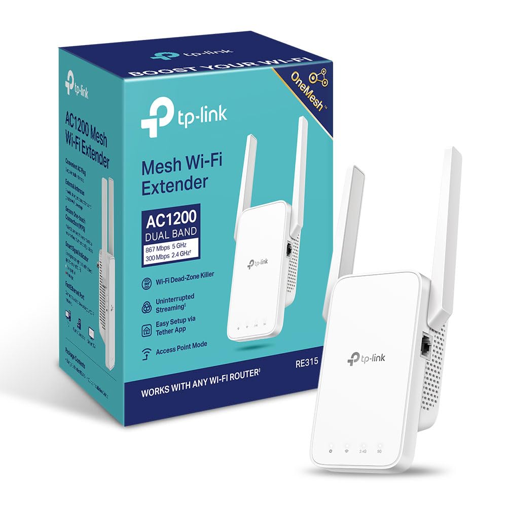 تقویت‌کننده WiFi TP-Link RE315 AC1200Mbps Dual Band Booster، دارای 2 آنتن خارجی، EasyMesh، تقویت‌کننده WiFi بازه گسترده، تقویت‌کننده اینترنت، نقطه دسترسی، سازگار با هر روتر WiFi، راه اندازی آسان، پریز UK، تکرار کننده WiFi | 1200Mbps | پورت گیگابیت