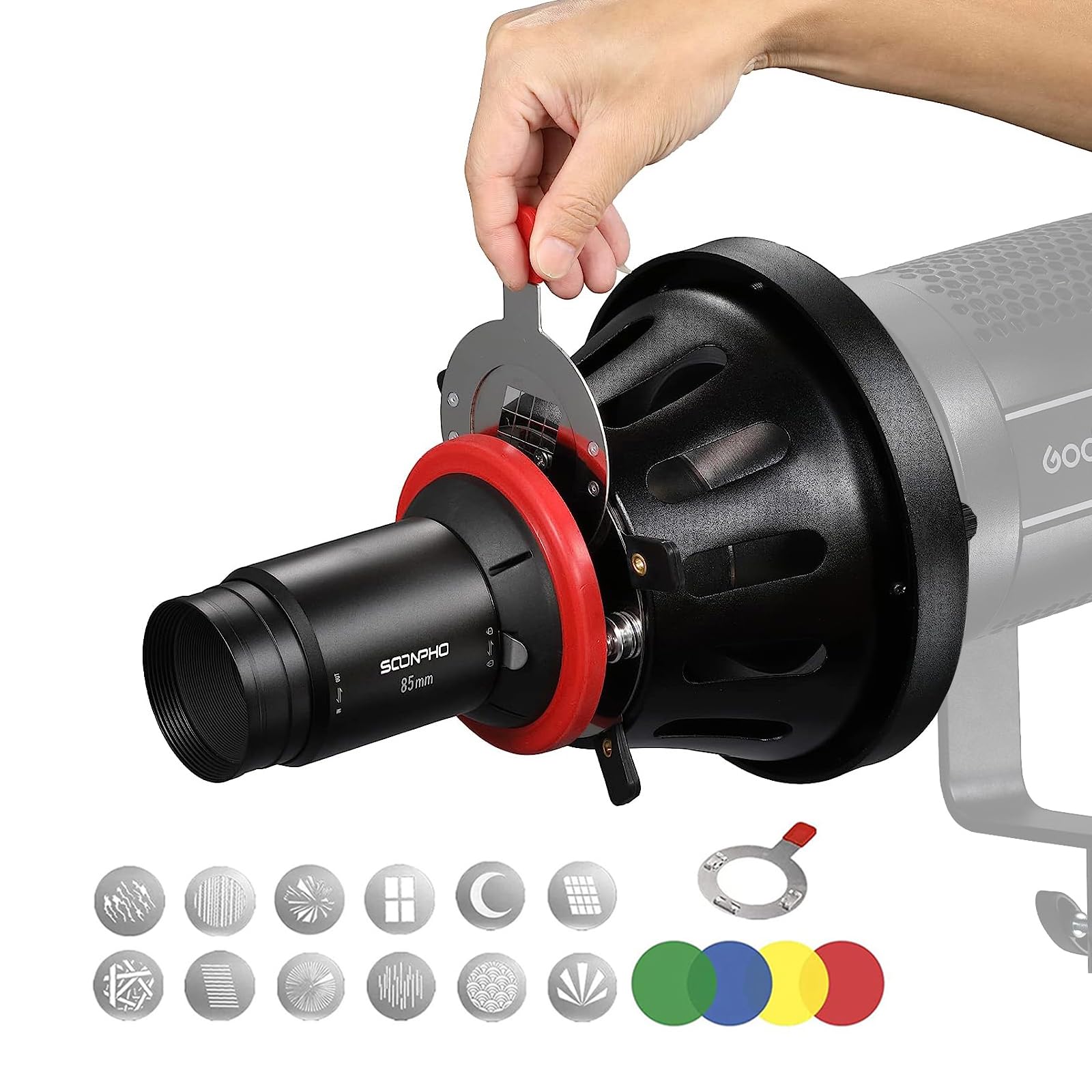سریعا OT1 PRO II Bowens Mount Focalize Optical Snoot با لنز مخروطی 85 میلیمتری و گوبوهای متنوع پرژکتور اثرات ویژه شکل نور پرتو استوانه‌ای نور متمرکز برای هنرمندان ویدیو و مدلینگ شکل نور OPT1 Pro