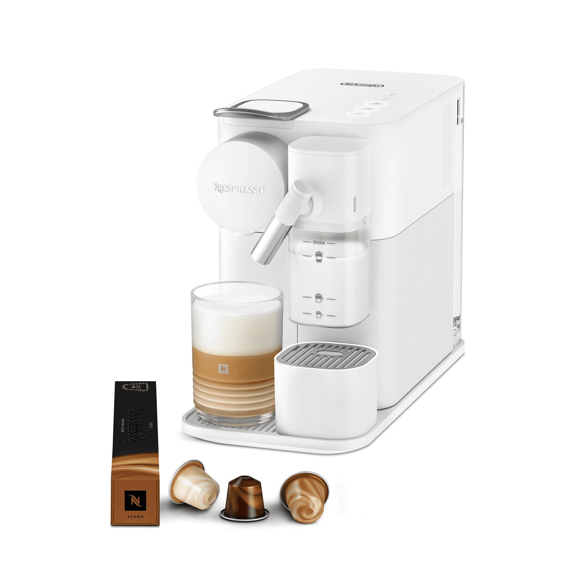 ماشین قهوه ساز Nespresso De'Longhi Lattissima One Evo، مدل EN510.W، با توان ۱۴۵۰ وات، سفید، دارای سیستم اتوماتیک جوشاندن شیر برای درست کردن قهوه های کپوچینو و لاته تک فنجانه ای با کپسول،