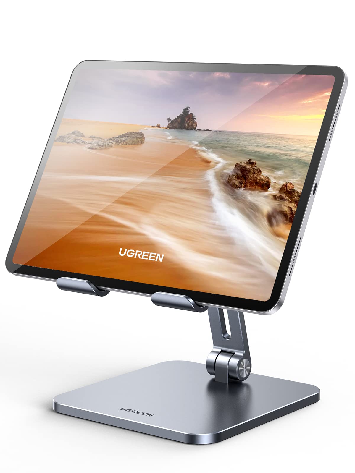 UGREEN Metal iPad Stand ایستاده‌ی فلزی بسیار پایدار قابل تاشی به صورت جم کن برای میز نگهدارنده قابل تنظیم گوشی‌های همراه سازگار با iPhone ۱۷ Pro Max iPad Pro/Air/Mini، گلکسی تب S۲۶/۲۵ اولترا خاکستری